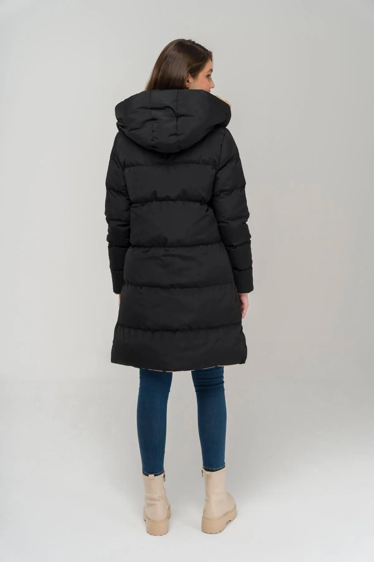 Olcay  Doppelseitige Fleece-Pufferjacke mit Kapuze, Schwarz-Stein 6491