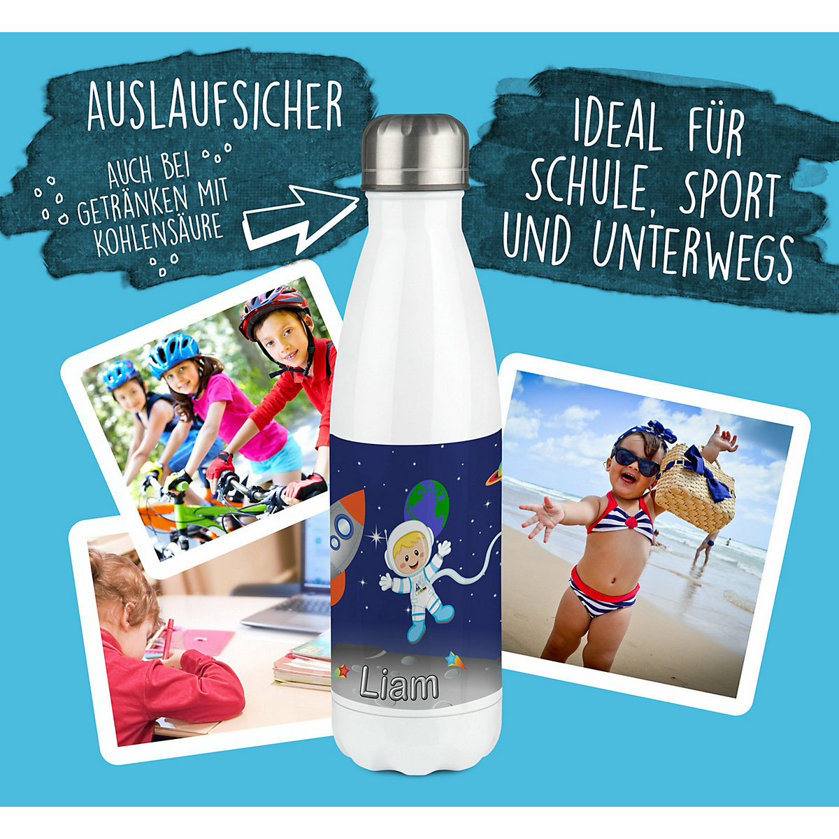 Edelstahl Kinder Thermoflasche / Trinkflasche bunt Weltall Spülmaschinenfest, Auslaufsicher, Bruchfest, Doppelwandig, Für Heißgetränke geeignet, Mit Deckel, Isoliert