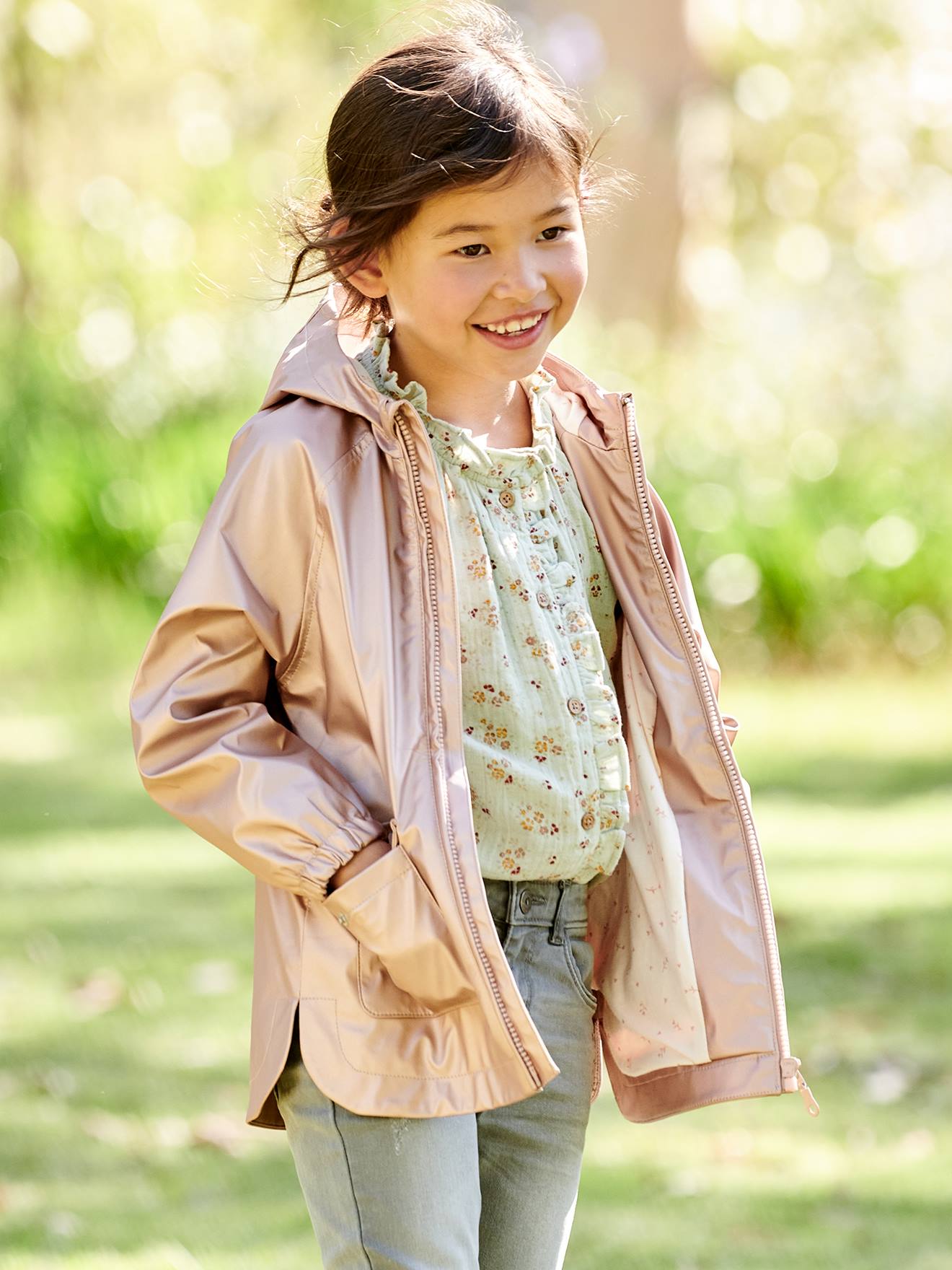 Vertbaudet Mädchen Regenjacke mit Kapuze, Metallic-Optik - rosa
