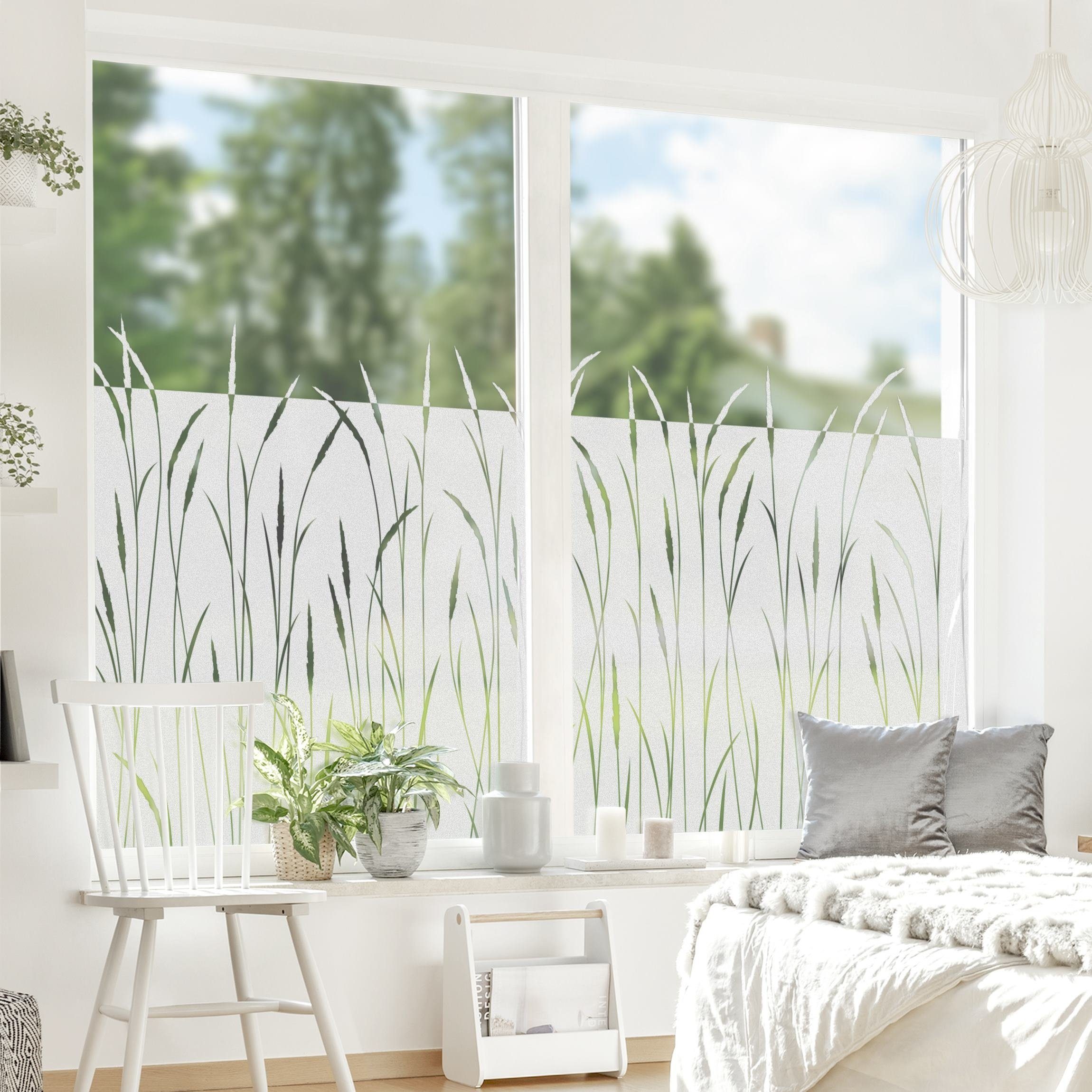 Fensterfolie statisch haftend Motiv Fensterdeko Schilf Gräser Bordüre Blume, Bilderdepot24, blickdicht, Innen Fenster Tür Balkontür Küche Badezimmer Wohnzimmer Schlafzimmer