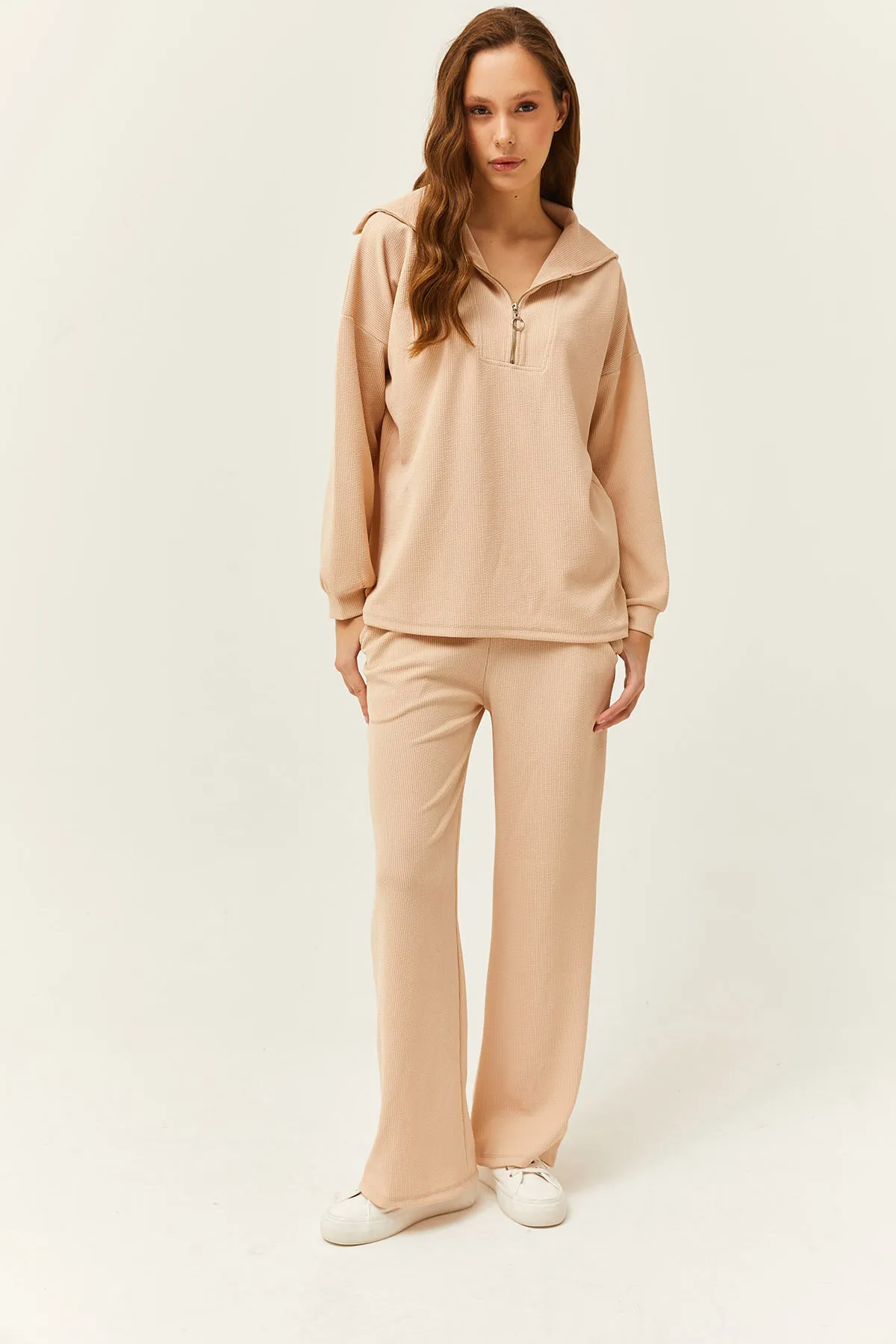 Olalook  Beiges Damen-Set mit Oberteil und Pullover mit Reißverschluss, Palazzo-Hose, TKM-19000240