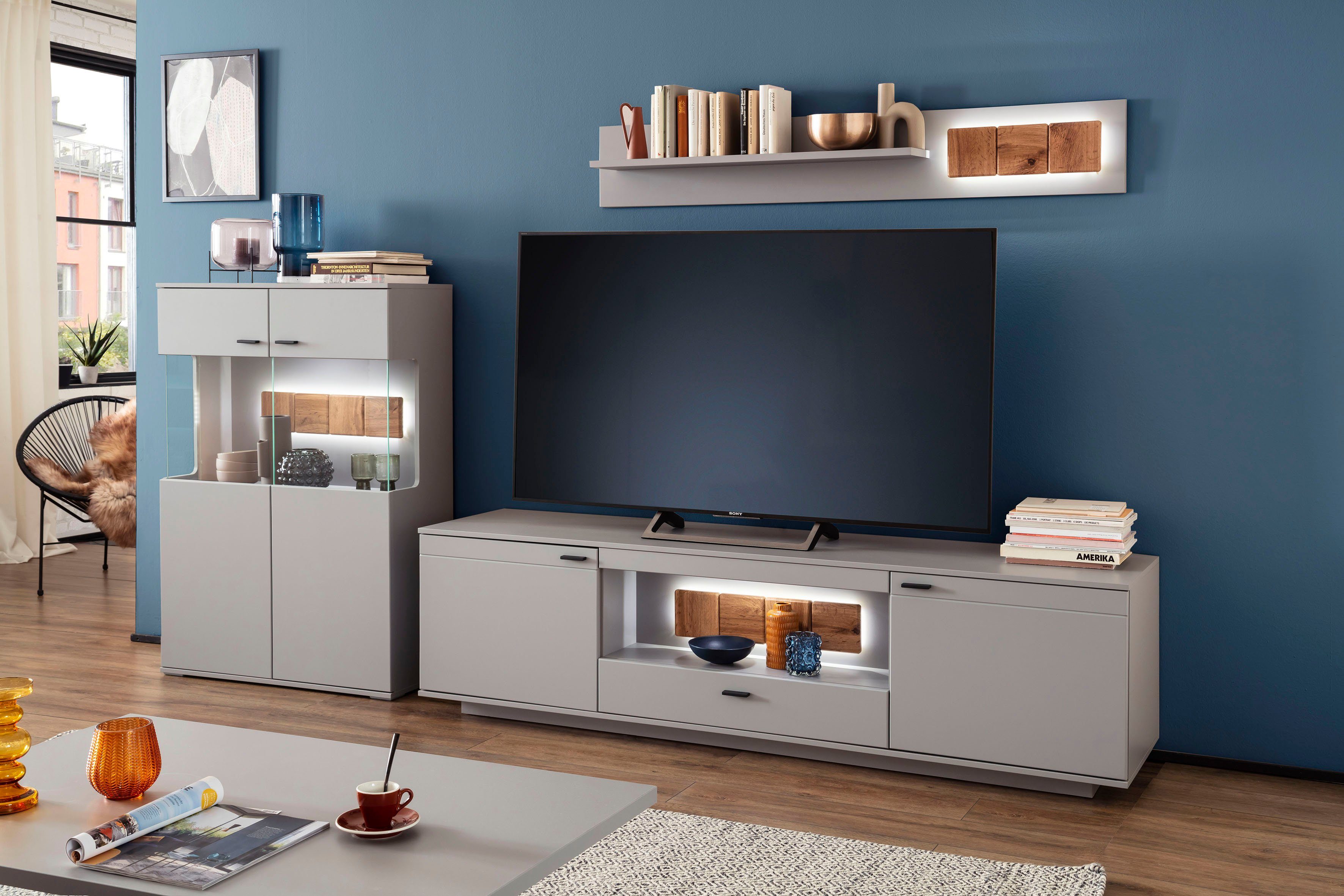 MCA furniture Wohnwand Zadar, (3-St), moderne Wohnwandkombination in Arktis Grau, wahlweise mit Beleuchtung