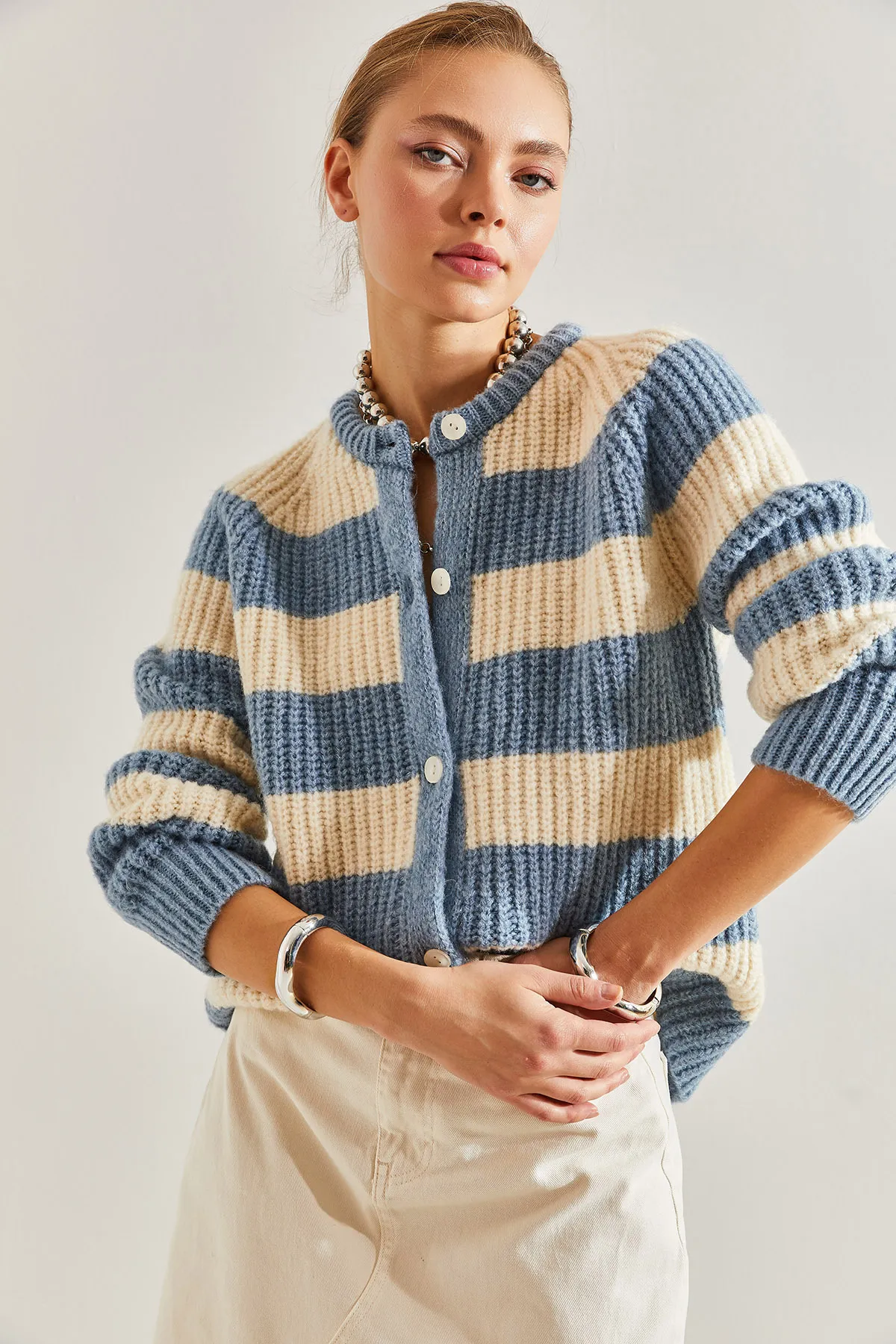 Bianco Lucci  Damen-Strickjacke mit Streifen und Knöpfen