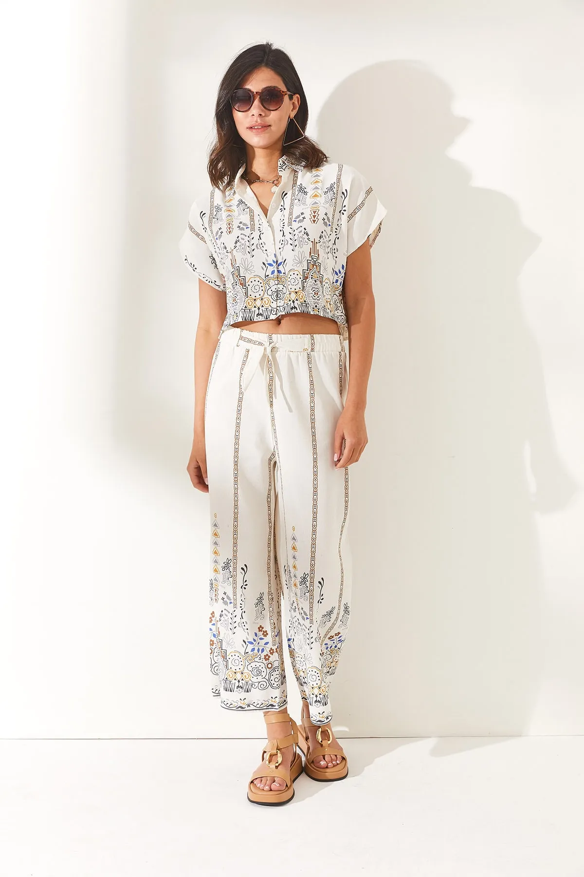 Olalook  Damen Blumen Kaffee Top Shirt Bottom Hose Leinen Mischgewebe Set TKM-19000202