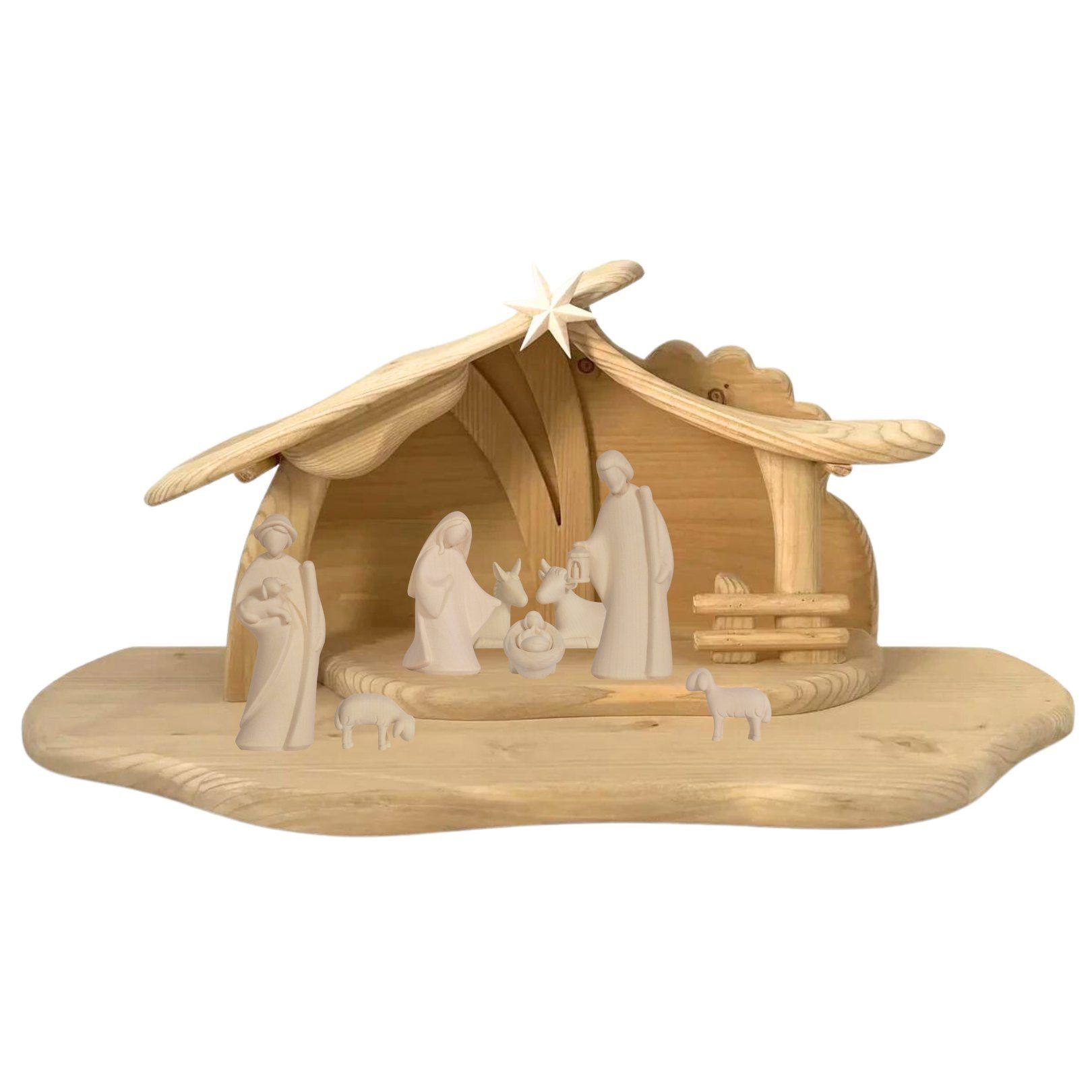 Akantus Krippe Leonardo Krippenfiguren mit Stall Hl.Nacht groß unbemalt (8-teilig), holzgeschnitzt, Ahornholz, Made in Südtirol