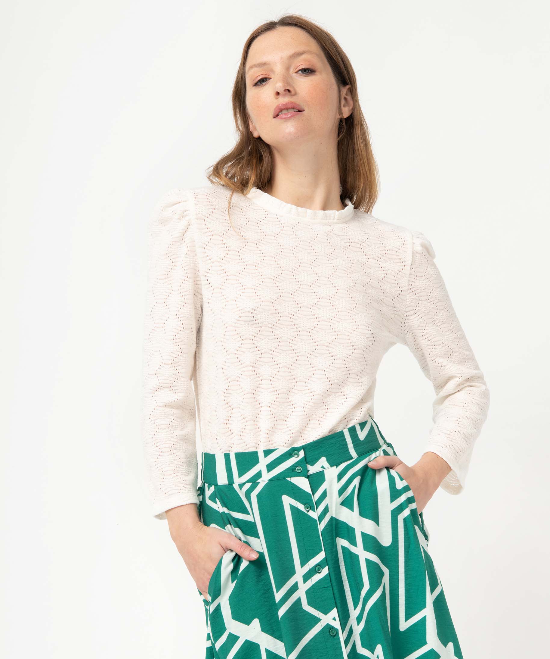 Tee-shirt femme à manches longues en maille texturée ecru | GEMO