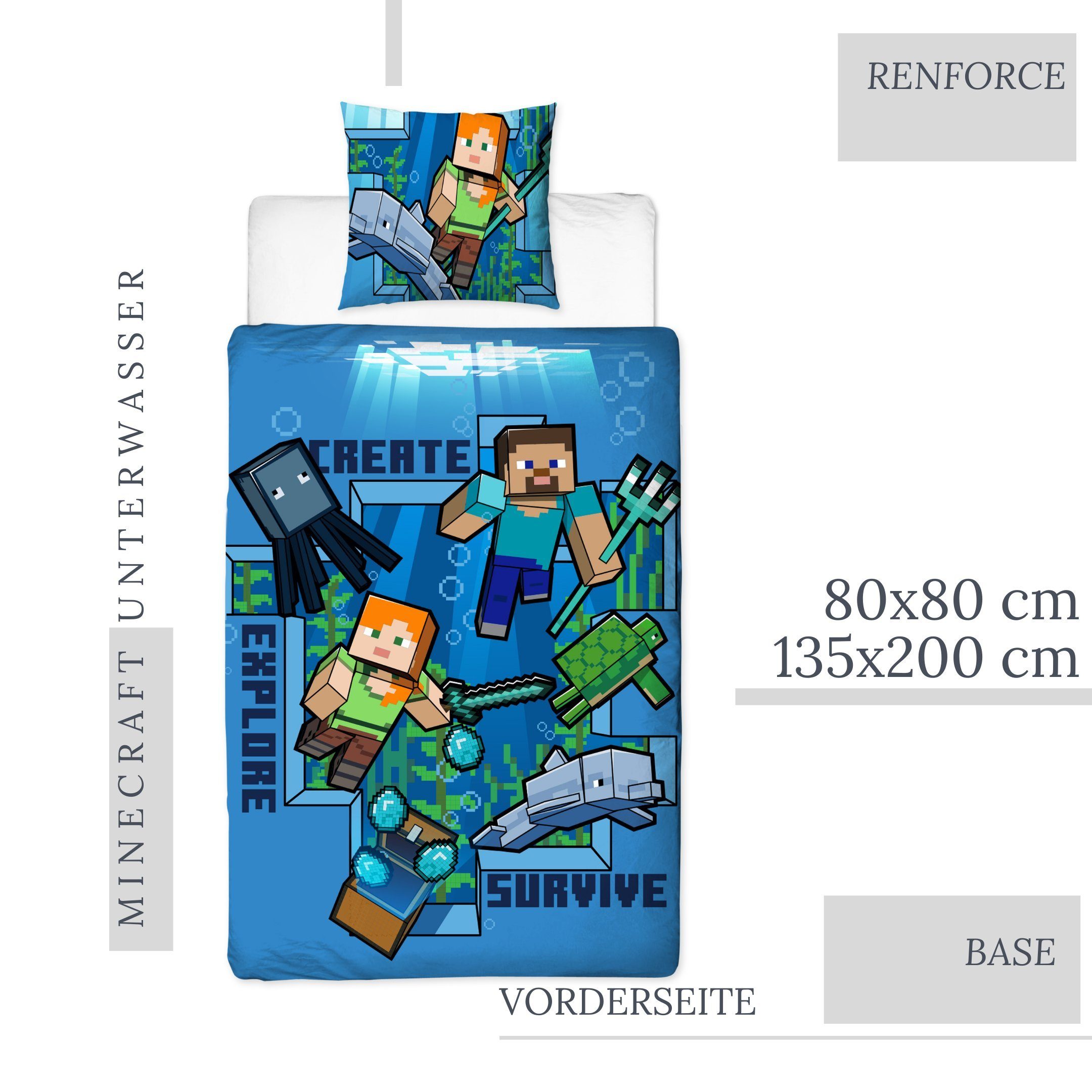 Bettwäsche Minecraft 135x200 + 80x80 cm, 100 % Baumwolle, MTOnlinehandel, Renforcé, 2 teilig, offiziell lizenzierte Kinder- und Jugendbettwäsche 