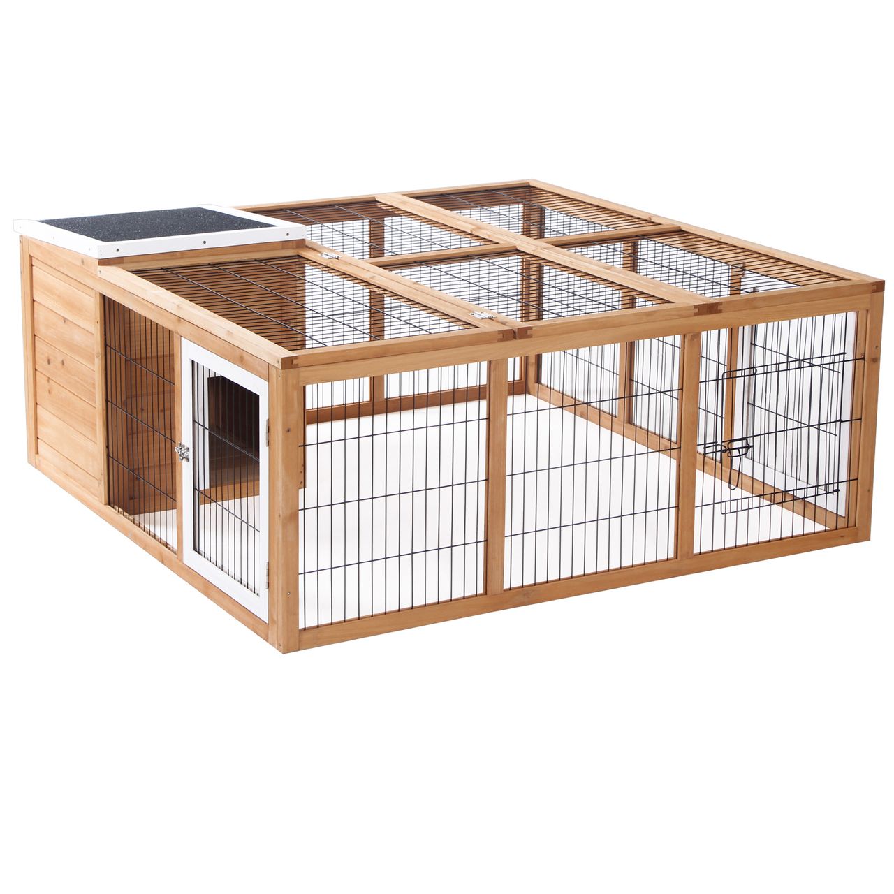 PawHut Kaninchenstall Hasenstall mit Freilaufgehege Kleintierstall Dach zum Öffnen wasserdicht multifunktional Tannenholz Natur 123x120x52 cm