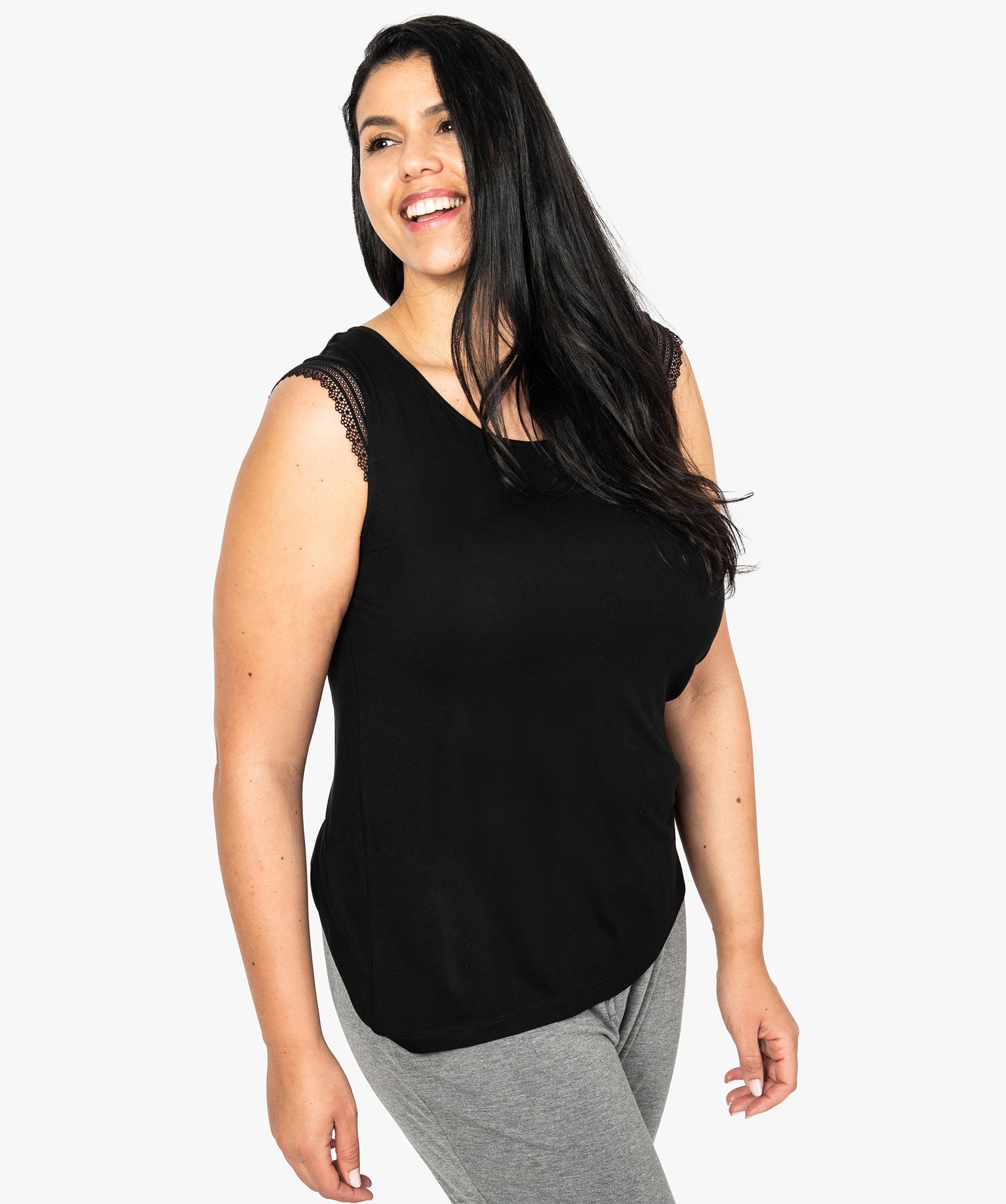Haut de pyjama femme grande taille à mancherons dentelle noir | GEMO