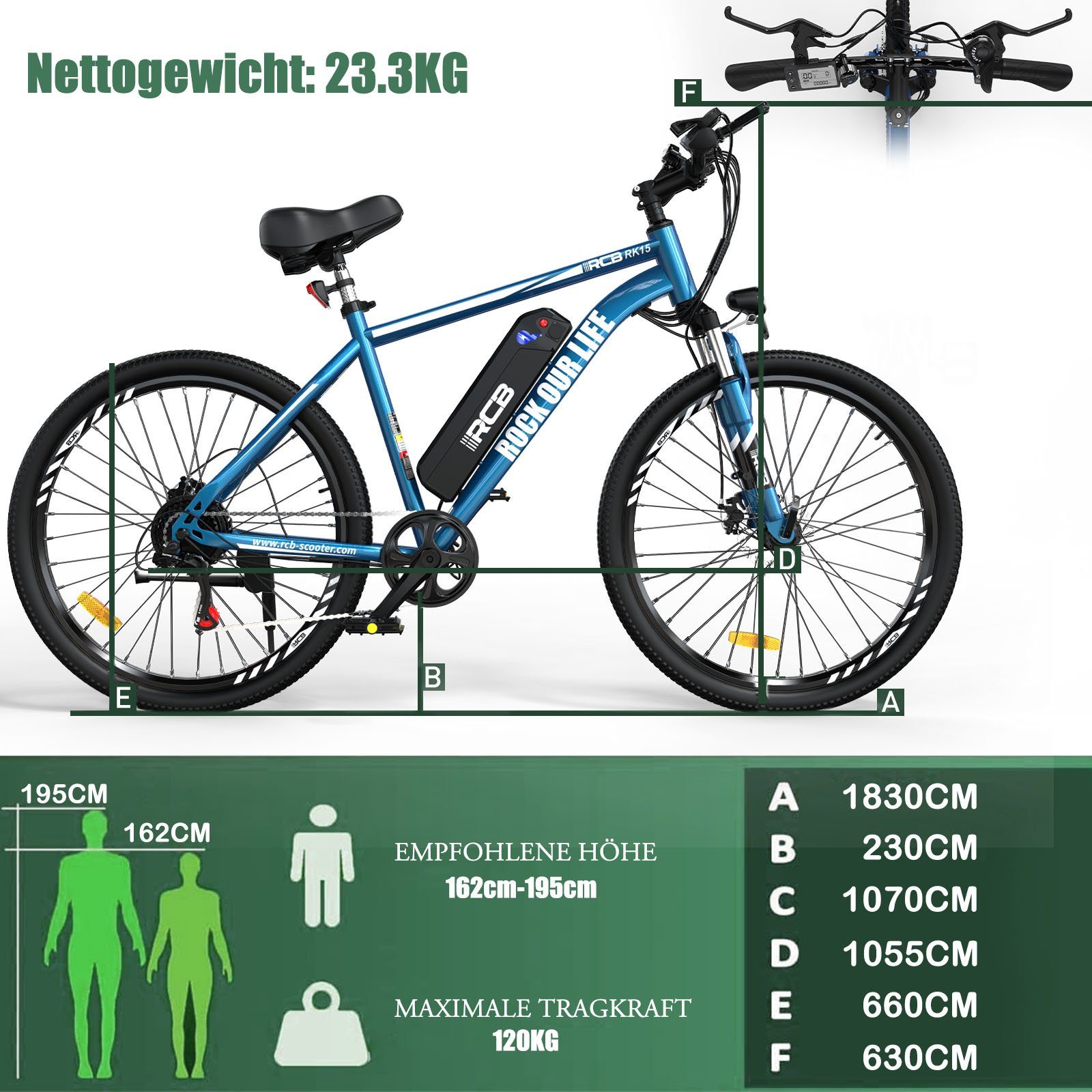 RCB E-Bike RK15 26 ZOLL, 7 Gang, 250w Heckmotor, MTB 36V11.2AH abnehmbarer Akku, Doppelscheibenbremse, Shimano 7G
