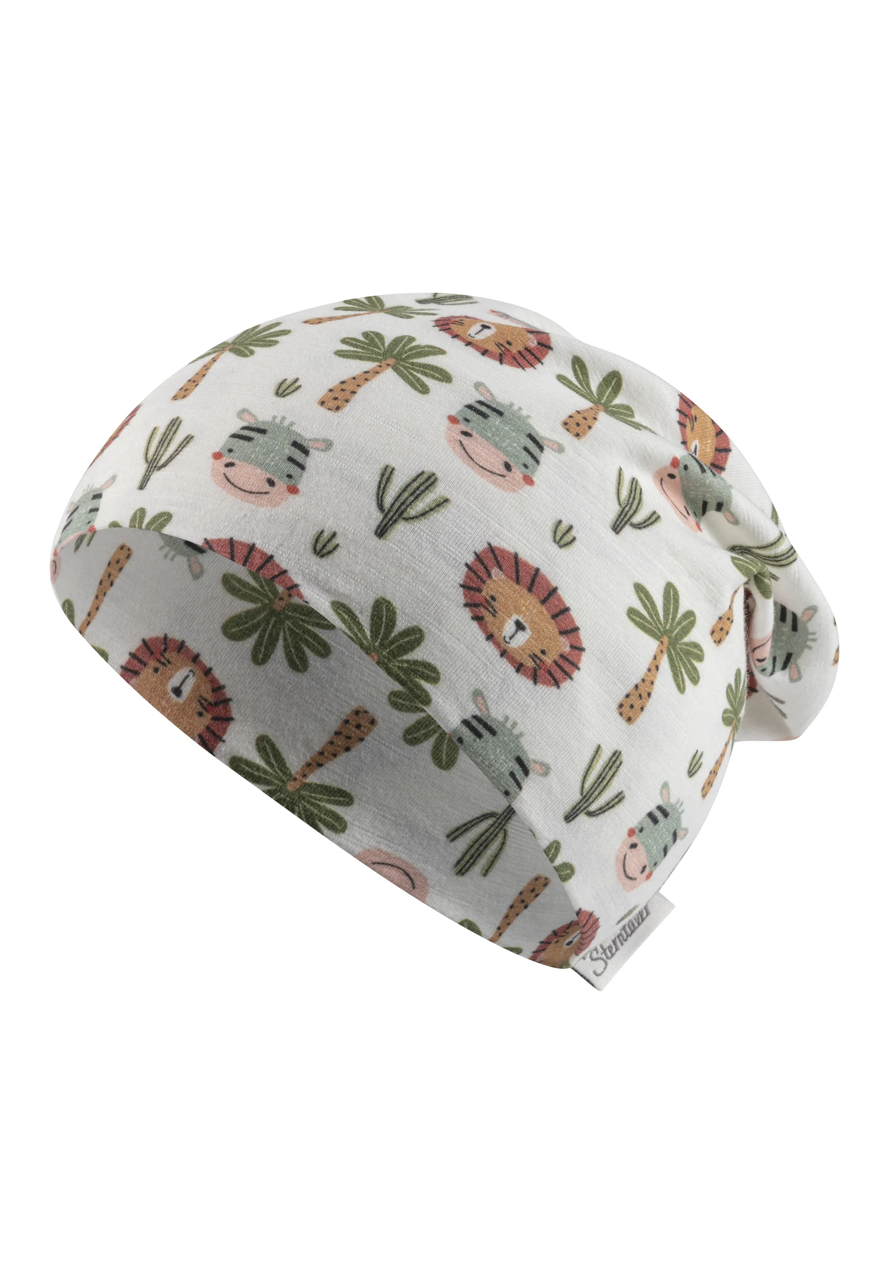 Beanie bedruckt mit niedlichen Safari-Tieren in ecru