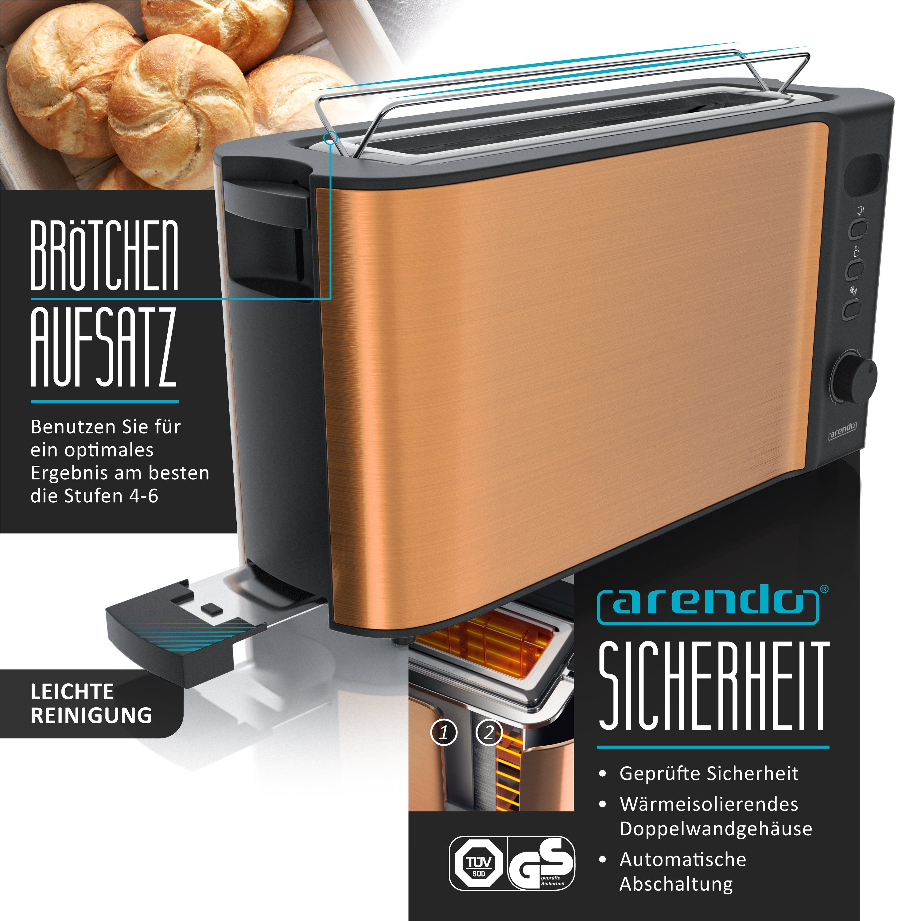 Arendo Frühstücks-Set (2-tlg), Edelstahl Wasserkocher 1,7l & 2 Scheiben Langschlitztoaster, Kupfer