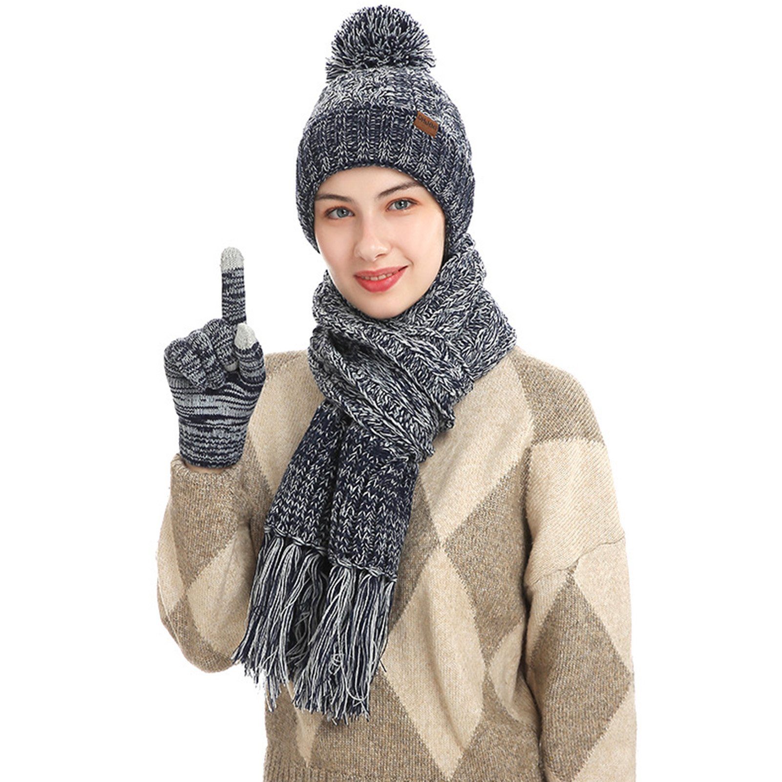 Rutaqian Schlupfmütze Wintermütze Schal Touchscreen Handschuhe Set (Ski 3-in-1 Winter-Set, Fleecefutter Warme Knit Hut Loop Schal Rutschfeste Handschuhe) Unisex Beanie Strickmütze Winterschal Thermo Handschuhe