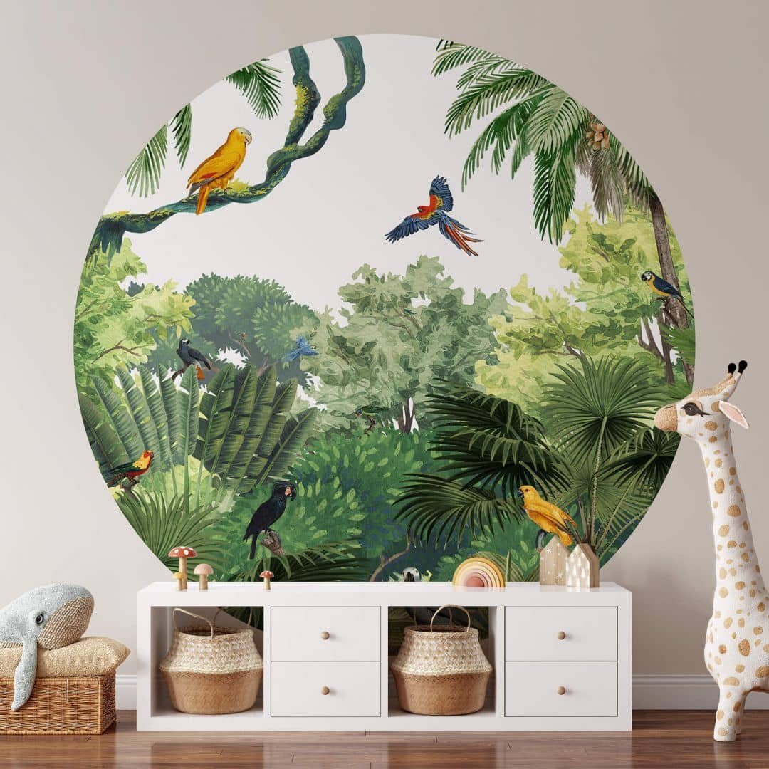 K&L Wall Art Fototapete Fototapete Baby Kinderzimmer Tropische Vögel Dschungel Vliestapete rund, große Kinder Motivtapete
