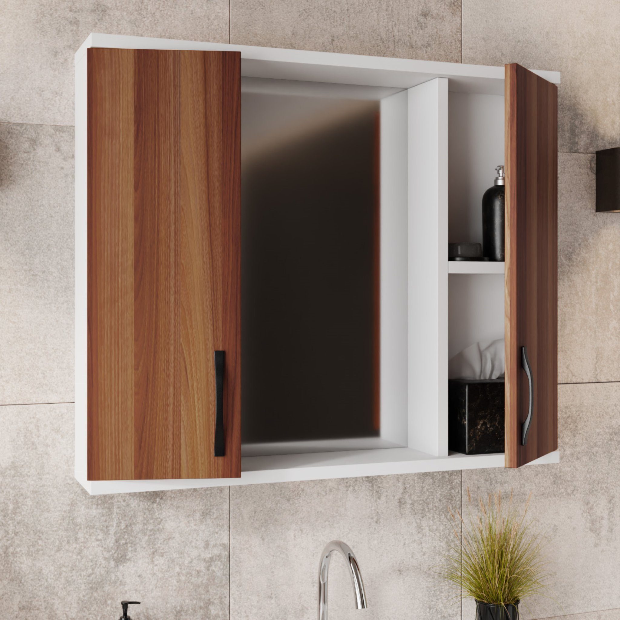 Karen Badezimmer-Set Mercan, (Komplett-Set, Standartmäßig 3-Teilig (Unterschrank, Spiegelschrank, Waschbecken), Der Lieferumfang umfasst Unterschrank, Spiegelschrank und Waschbecken), Klassisches Design, Weidenholz Furnier, Bügelgriffe, ohne Softclos