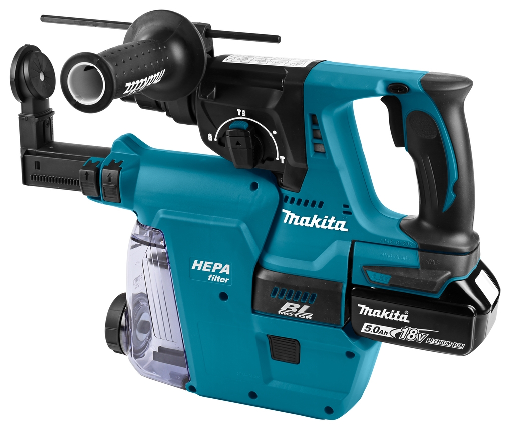 Ciocan percutor Makita DHR242RTJW, 18 volți, 5,0 AH, Li-ion + sistem de extracție a prafului încorporat DX06 cu filtru HEPA
