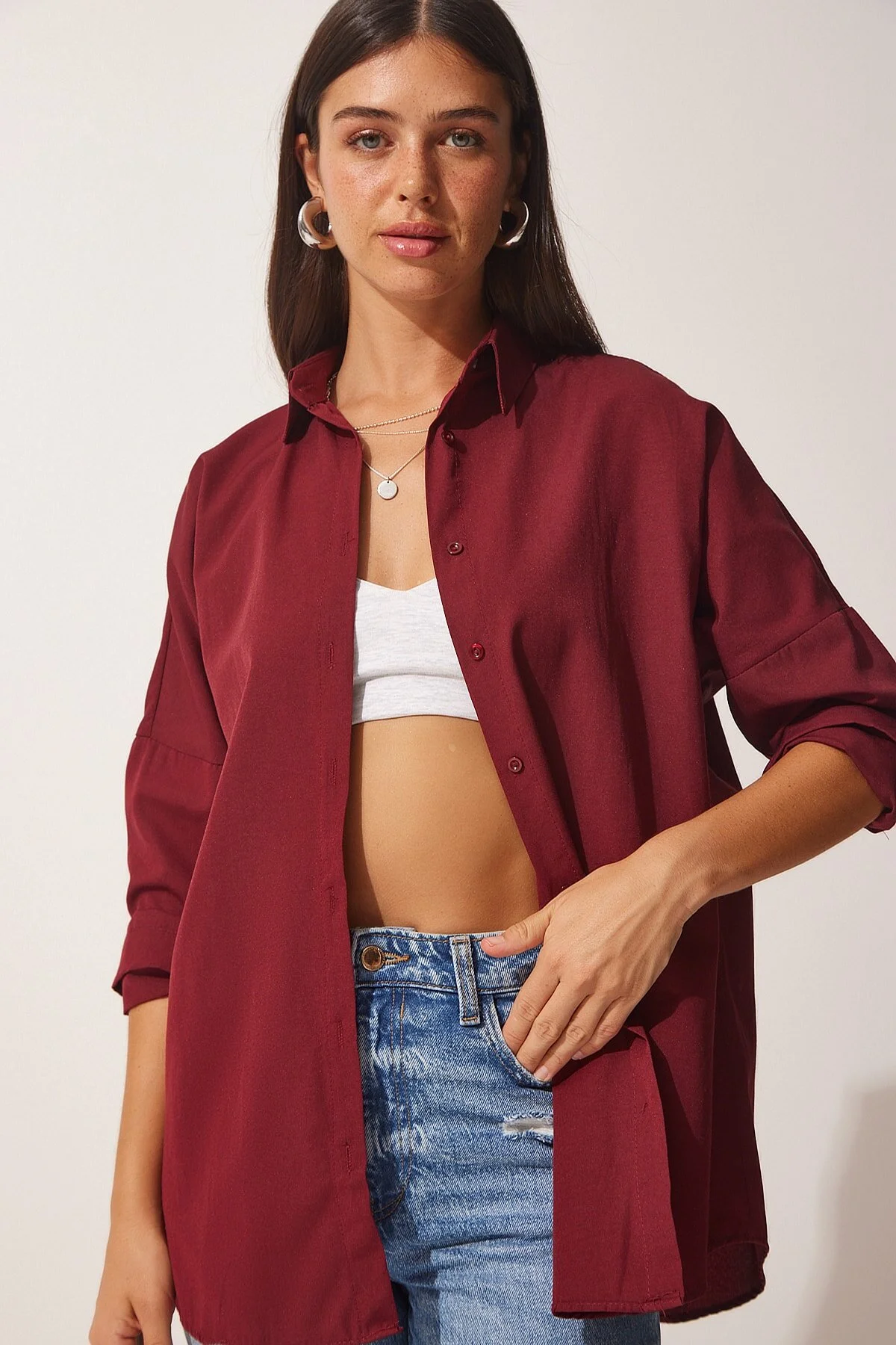 Happiness İstanbul  Burgunderrotes, langes Basic-Shirt für Damen in Übergröße DD00842
