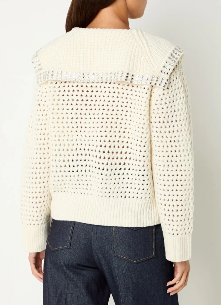 Sandro Chunky knit wool sweater with openwork detail and rhinestones
