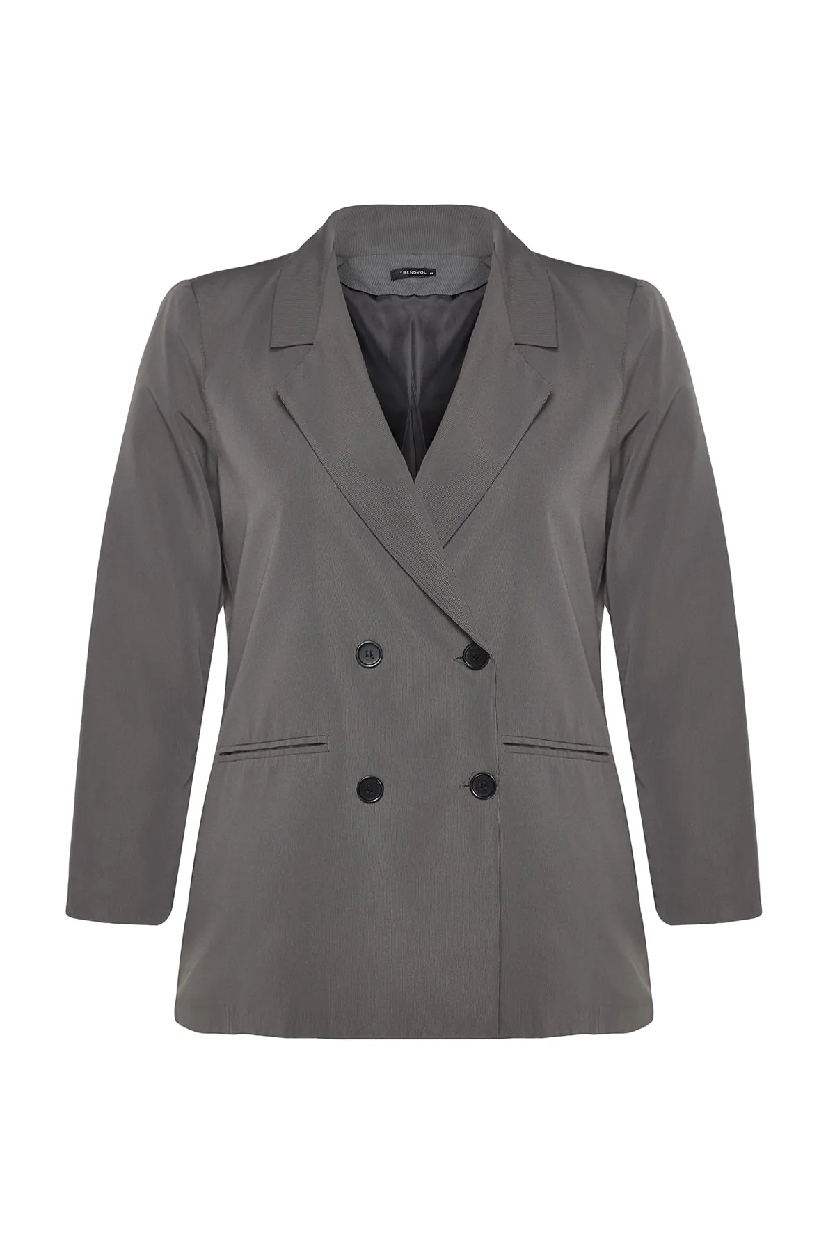 Trendyol Curve  Graue, zweireihige Blazerjacke mit Futter und Verschluss TBBAW24AG00003