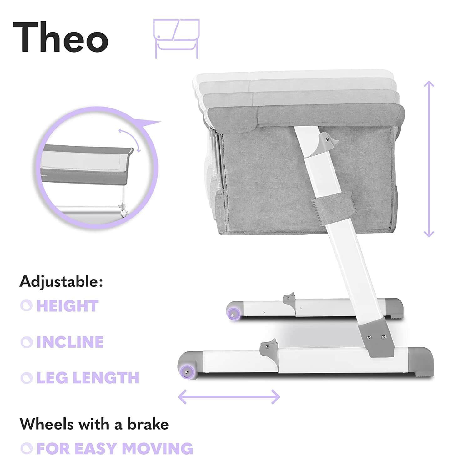 lionelo Beistellbett Lionelo Theo Baby Beistellbett Kinderbett grau Babybett Zustellbett