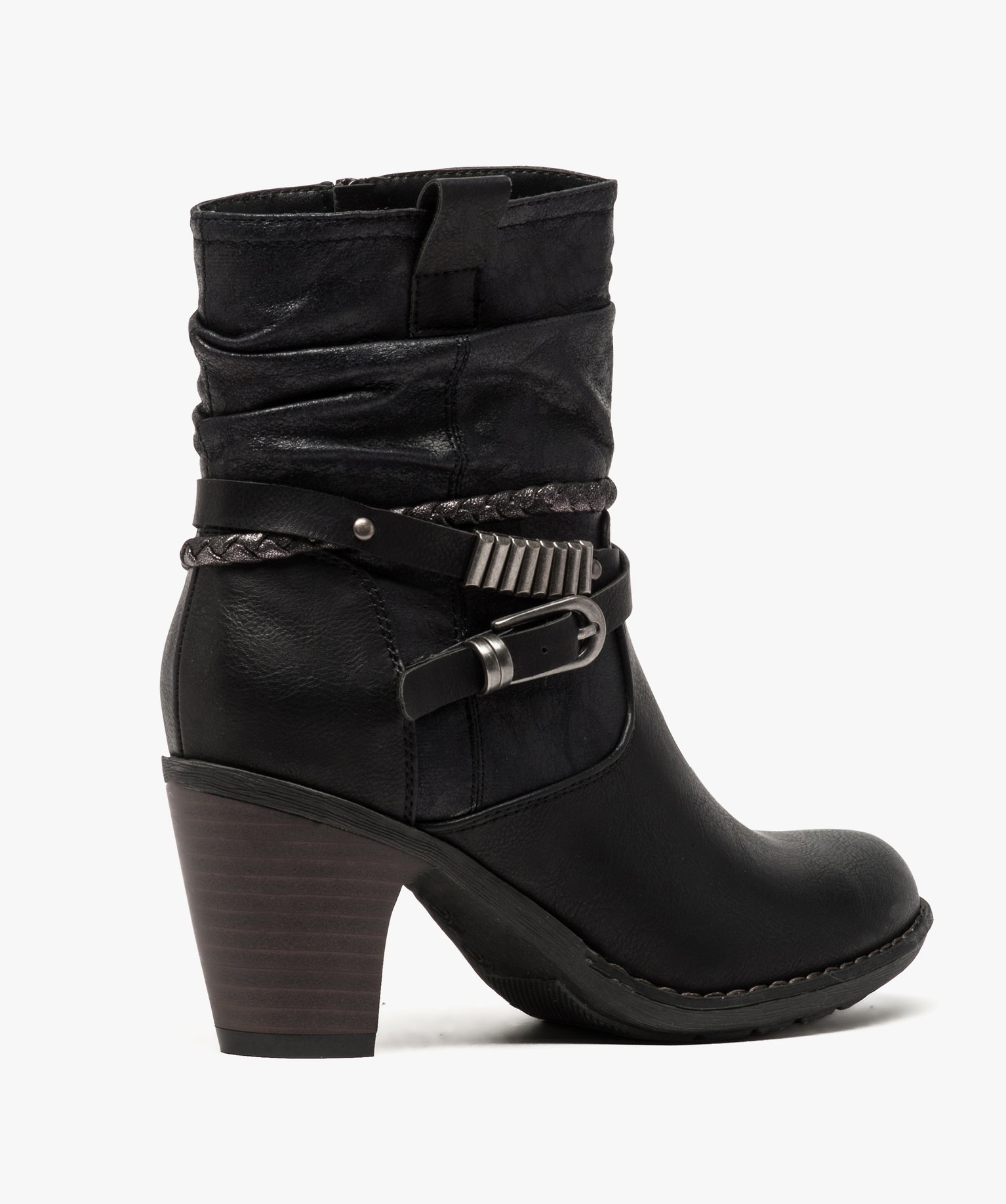 Bottines femme à talon tige plissée et brides fantaisie noir | GEMO