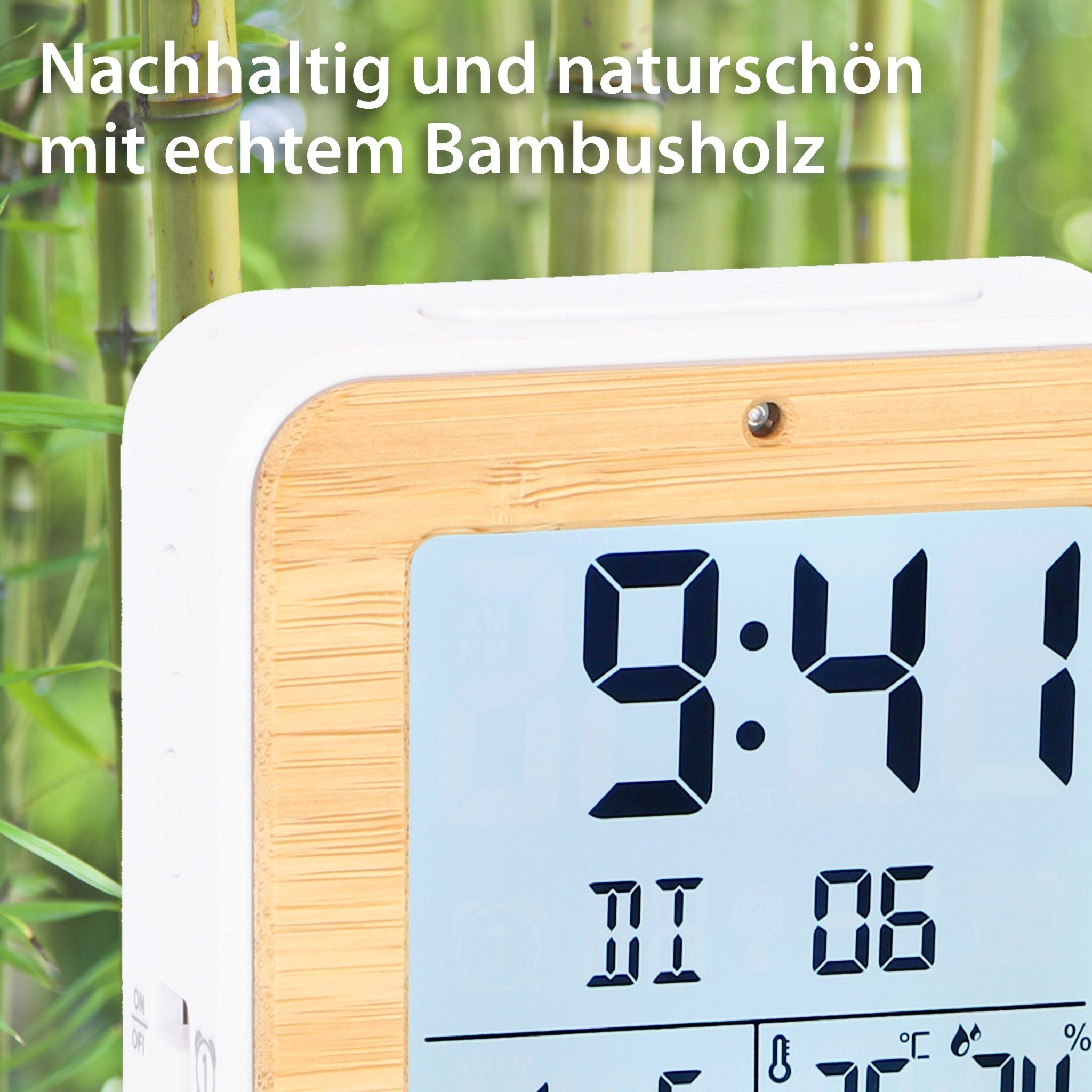 ADE Funkwecker Wecker digital funk mit Temperatur und Luftfeuchtigkeit automatischer Lichtsensor, 2 Weckzeiten, Schlummerfunktion