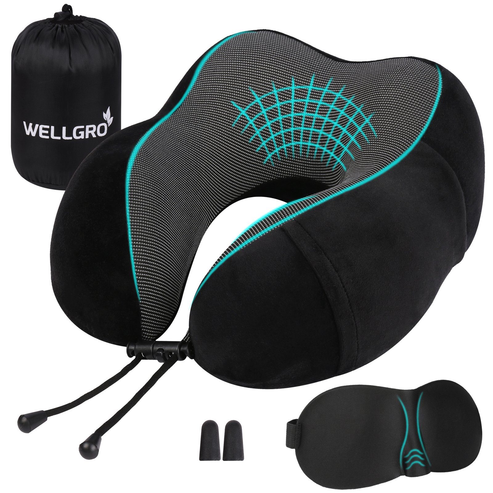Wellgro Nackenkissen Nackenkissen mit 3D Schlafmaske und Ohrstöpsel - abnehmbarer Bezug