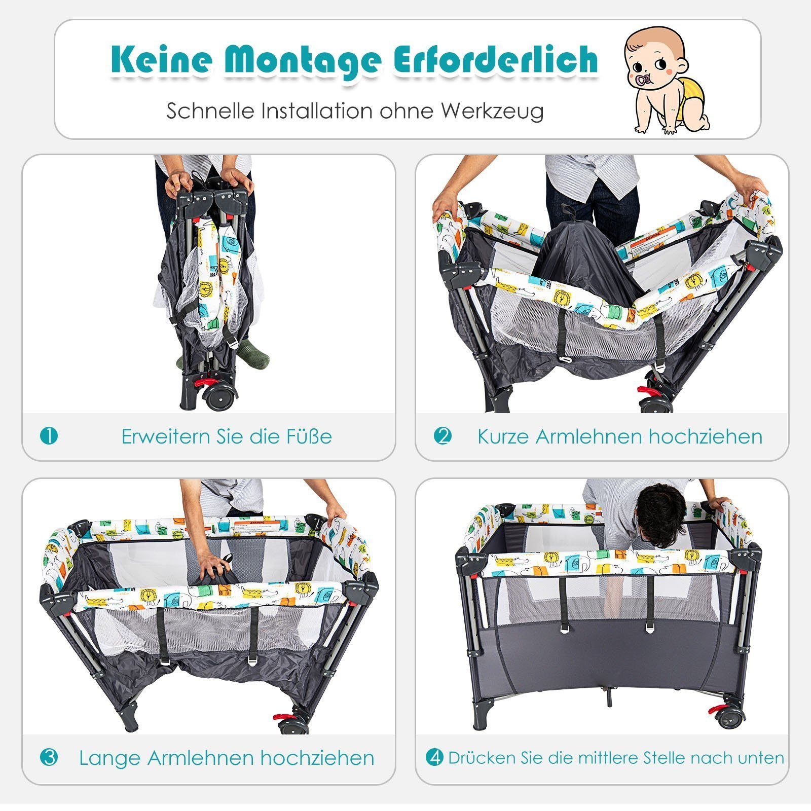 COSTWAY Baby-Reisebett 5 in1 Beistellbett, mit Matratze, höhenverstellbar