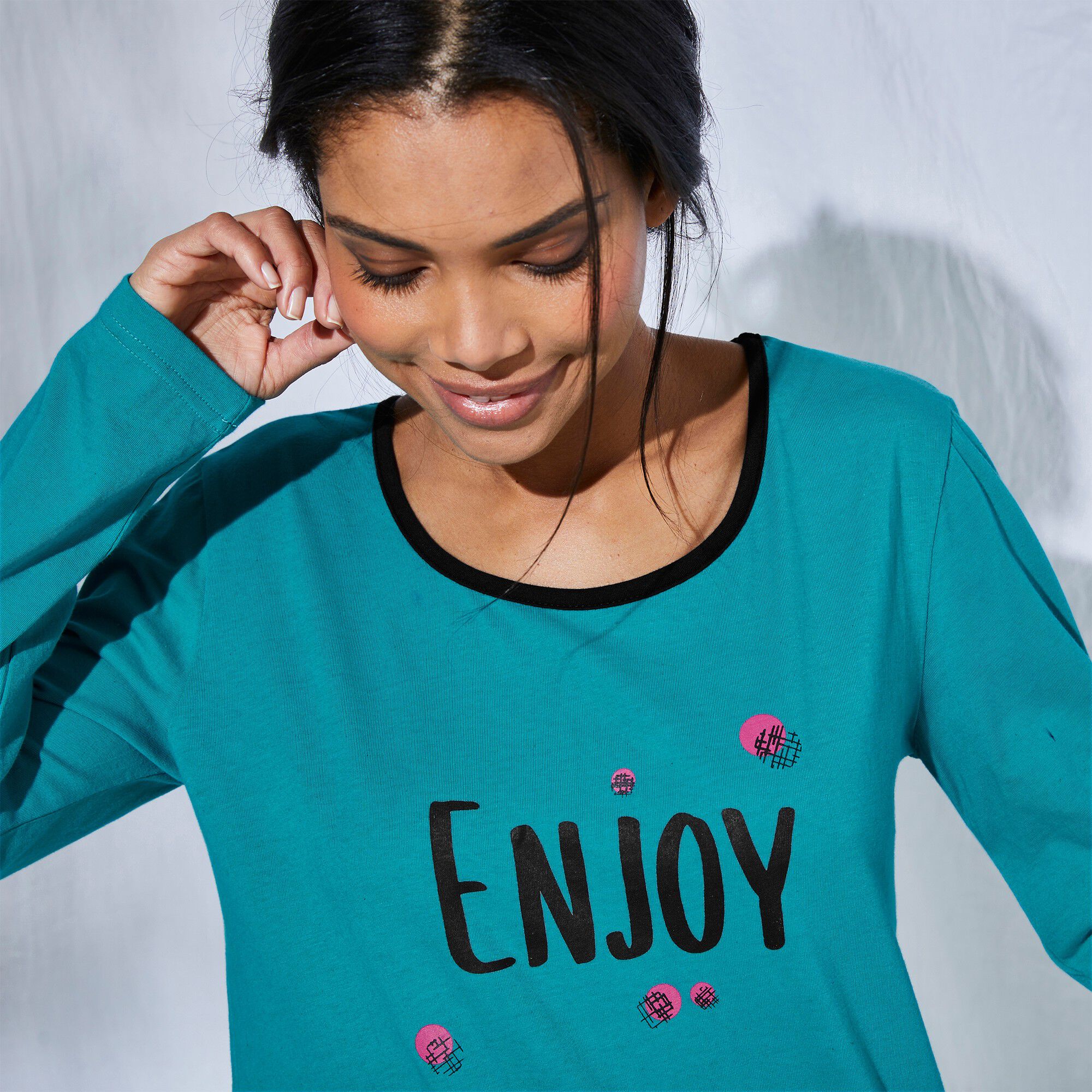 Tee-shirt manches longues coton uni imprimé placé 