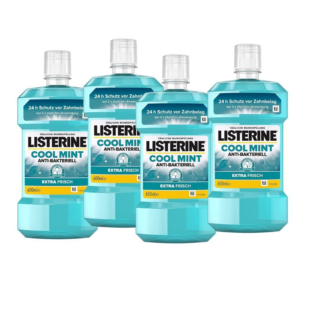Listerine Mundspülung, Cool Mint Extra Frisch Zahnschutz umfassende Mundhygiene 4x600ml, (4er Pack, 4-tlg) Antibakterielles Mundwasser