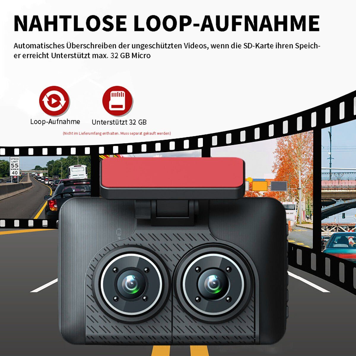 yozhiqu 4-Zoll-Fahrrekorder HD 1080P mit drei Objektiven Dashcam (Nachtsicht bei schlechten Lichtverhältnissen mit Rückfahrbild)