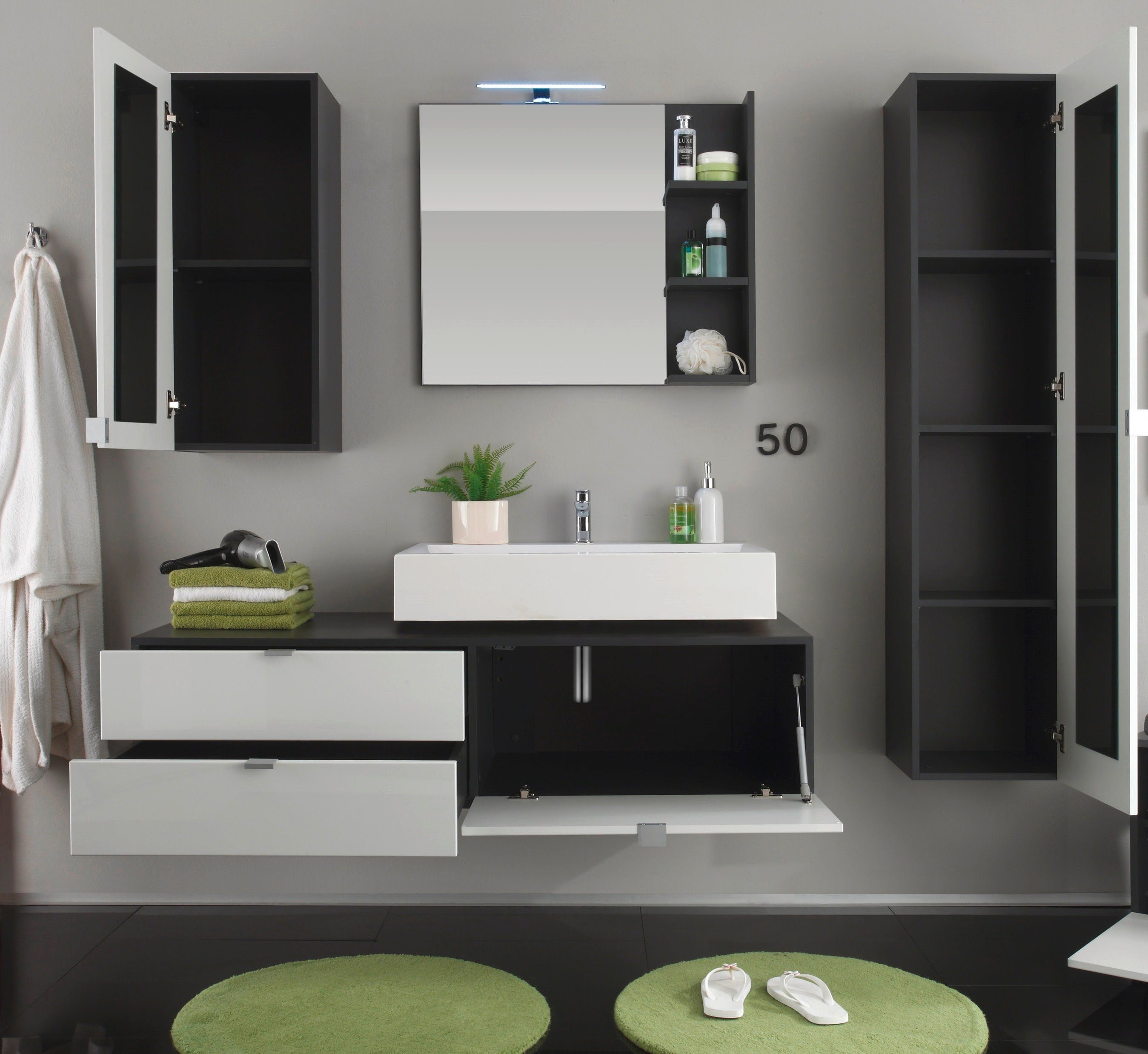 trendteam Badmöbel-Set Beach, (Badezimmer weiß Hochglanz und grau), komplett mit Waschbecken, Soft-Close