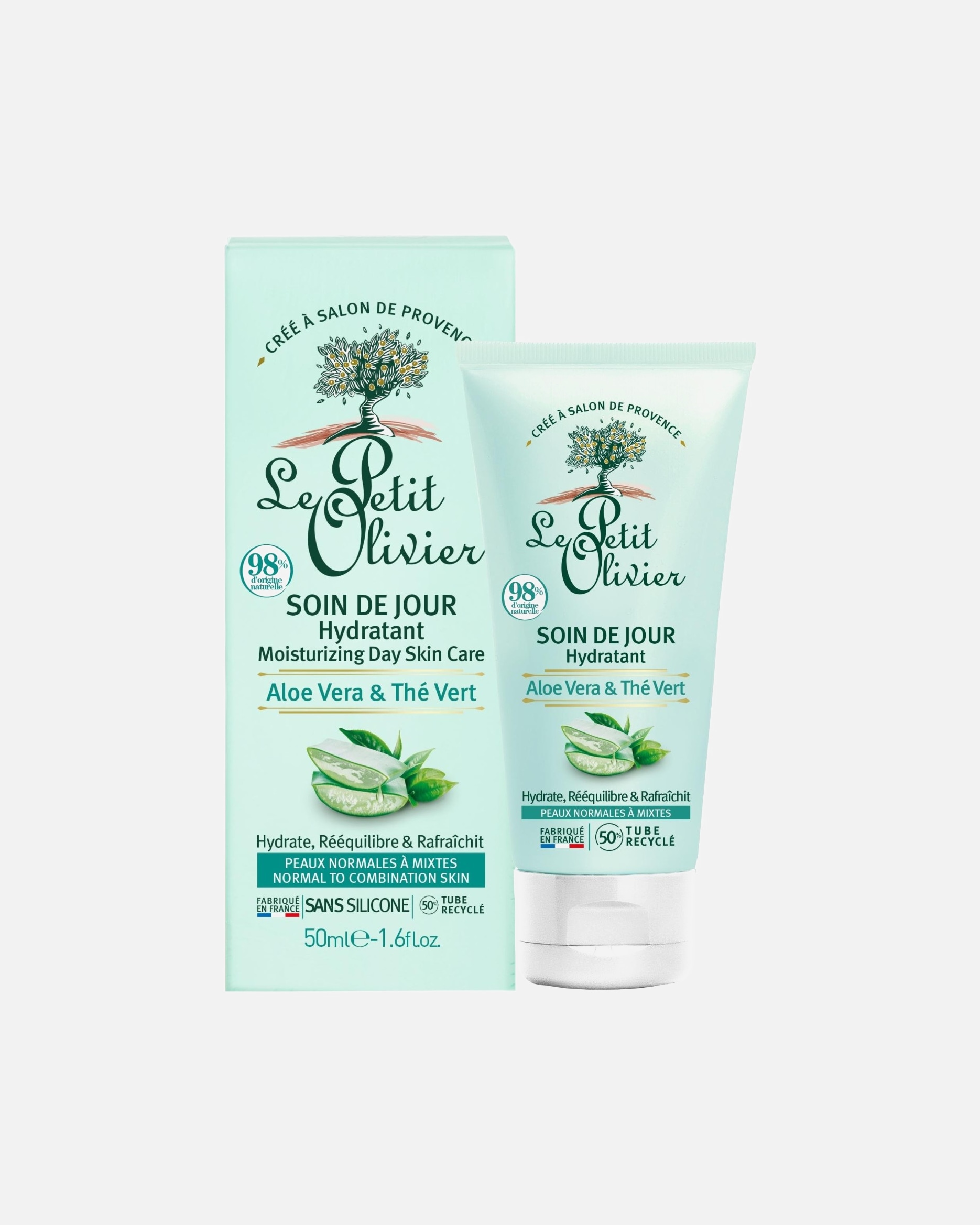 Crema hidratante de día Le Petit Olivier con aloe vera y té verde.