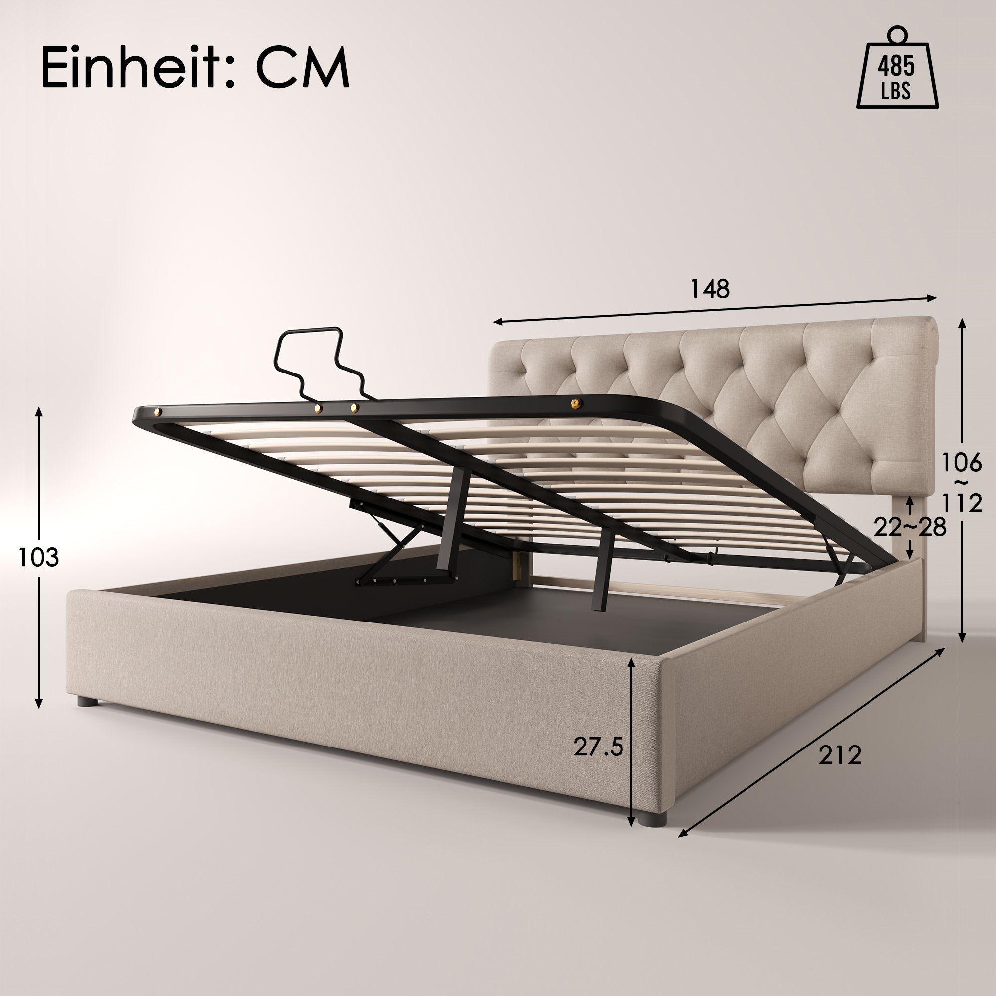PHOEBE CAT Boxspringbett (Polsterbett mit Lattenrost und Bettkasten, verstellbarem Kopfteil), 140x200 cm Hydraulisches Doppelbett, Bezug aus Leinen, Kiefernholz