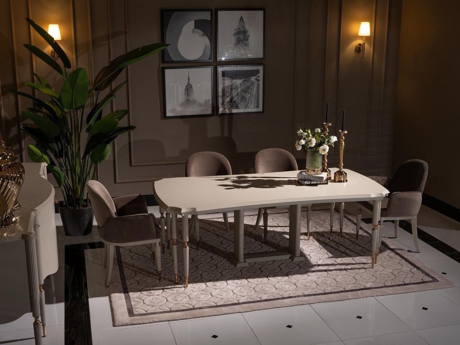 JVmoebel Esszimmer-Set Essgruppe Essecke Esstisch Stühle Set 7tlg Esszimmer Beige Holz Design, (7-St., 1x Esstisch + 6x Stühle), Made in Europa