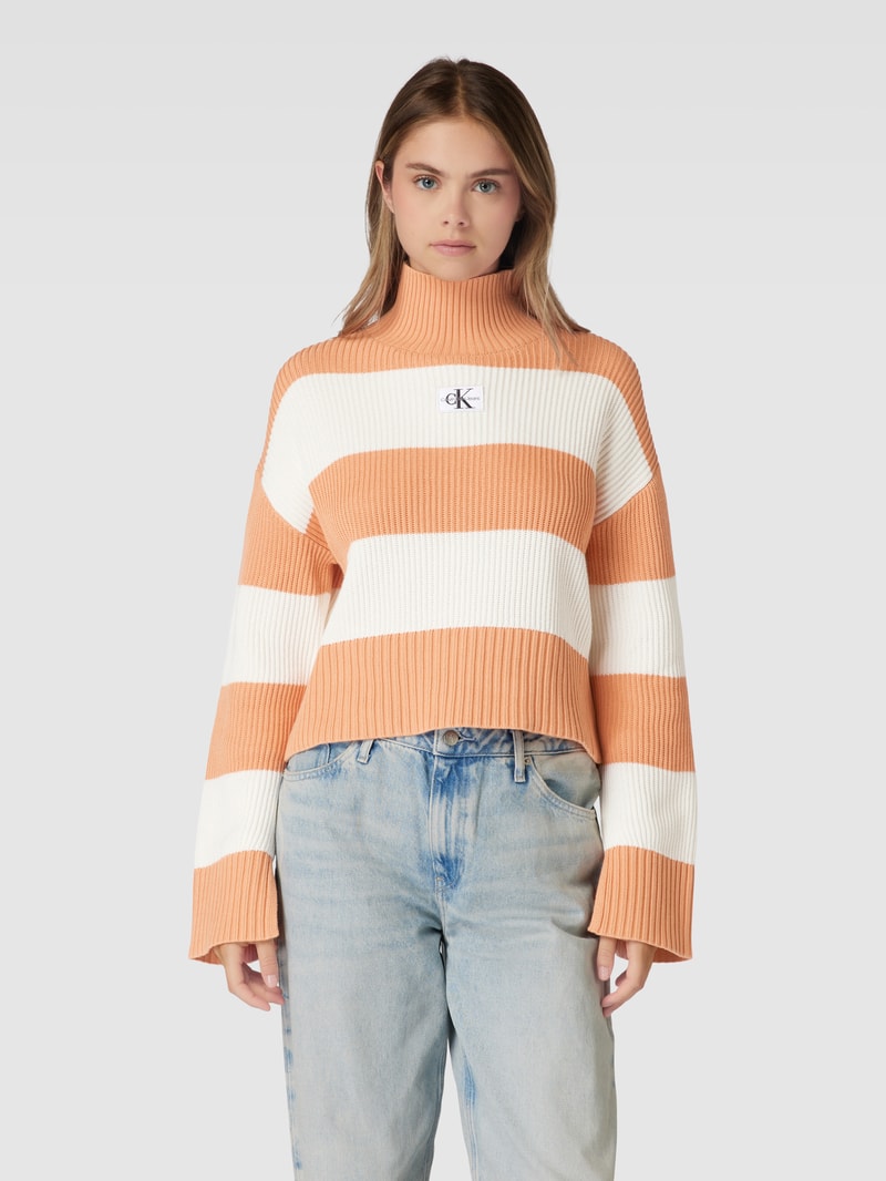 Rollkragenpullover mit Blockstreifen Modell 'CHUNKY' in orange