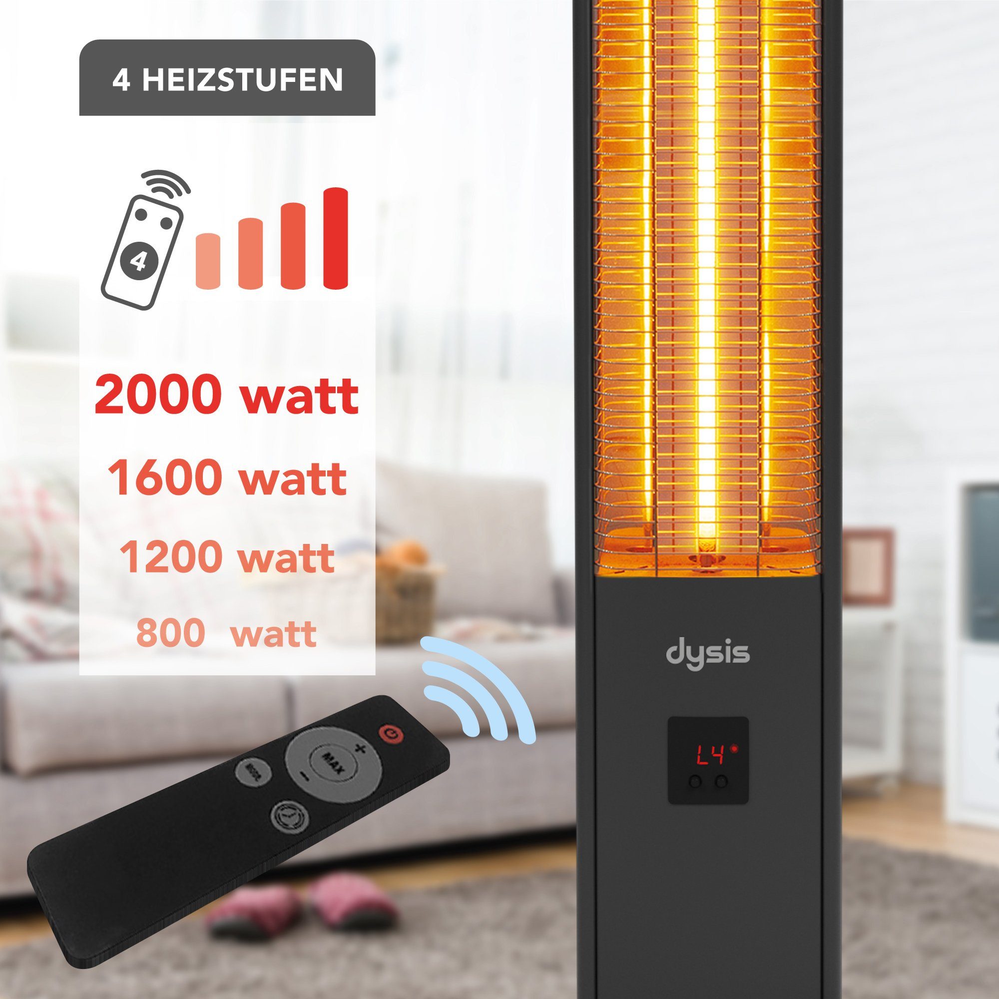 dysis Heizstrahler Standgerät, 2000 W, mit Wasserdicht Schutzhülle, 4 Heizstufen mit Fernbedienung