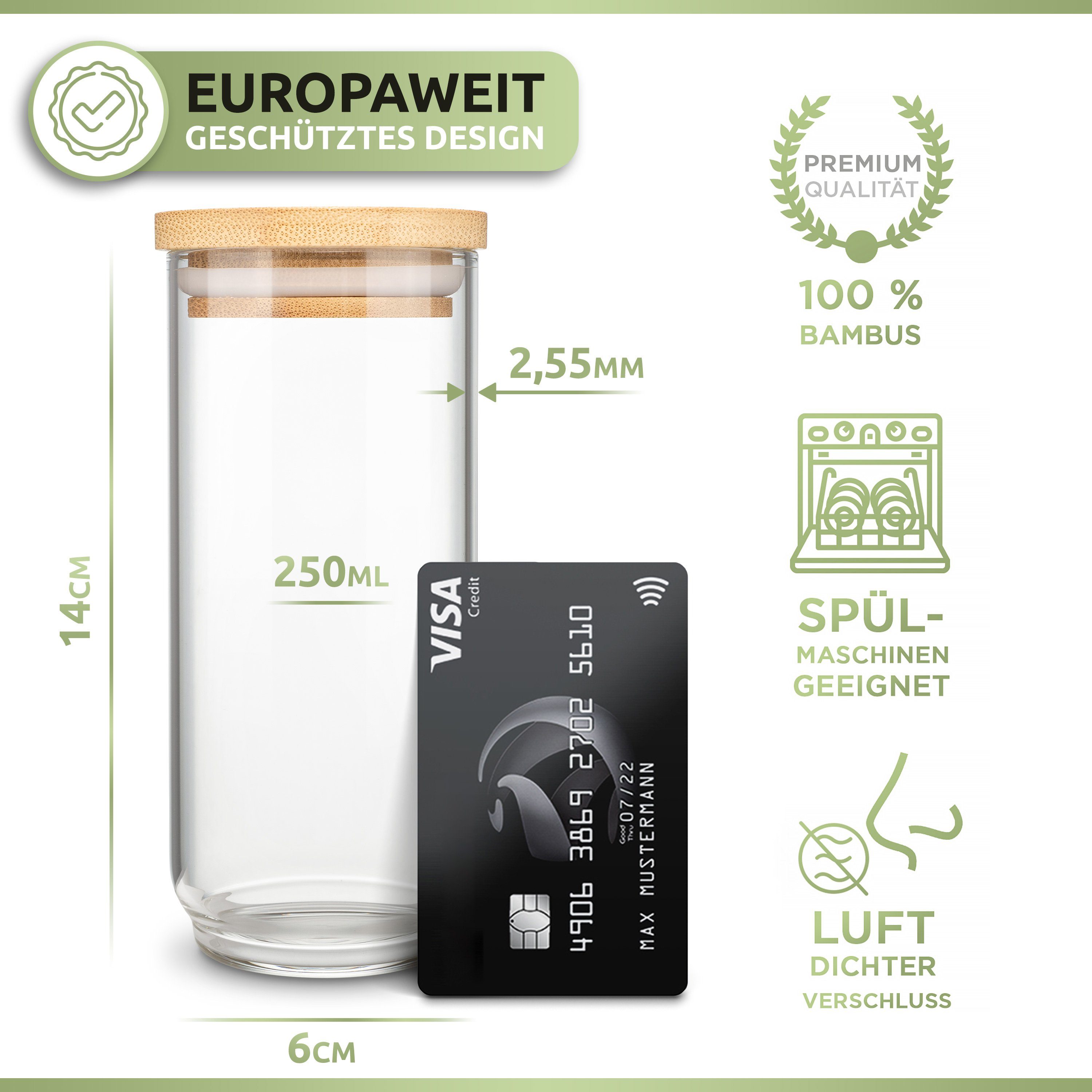 PORADA Gewürzbehälter Gewürzgläser 250 ml Set stapelbare Glasbehälter mit Deckel, (Set, 6-tlg., 6x Gewürzgläser 250ml, 12x runde Aufkleber, 12x ovale Aufkleber), Handarbeit, platzsparend, stapelbar. Bambusdeckel, geruchsdicht