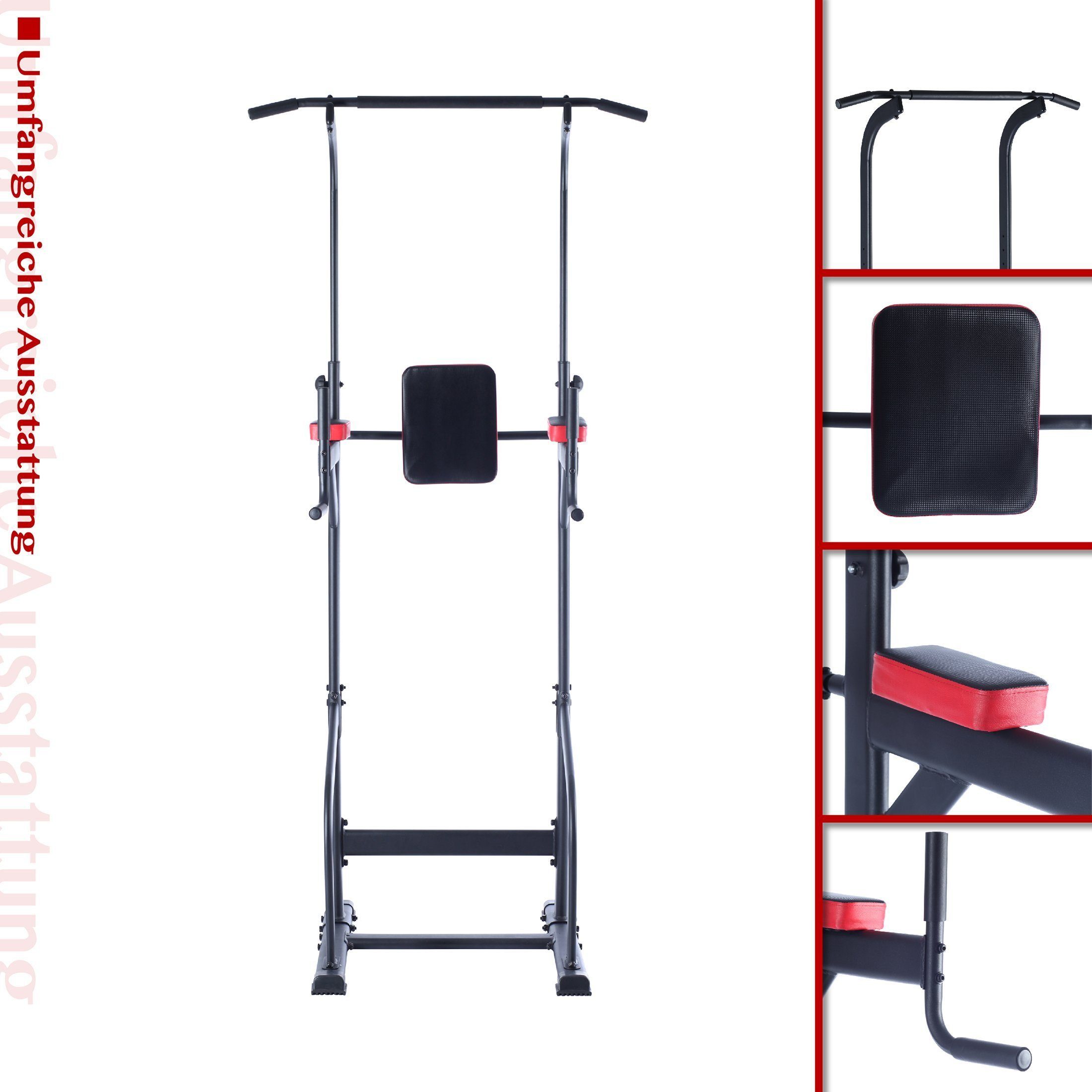 Zoomyo Trainingsstation Fitnessstation Power Tower, Kraftstation, (für ein abwechslungsreiches Training zuhause mit Dipstange, Klimmzugstange), Griffe für Liegestütze, größenverstellbar