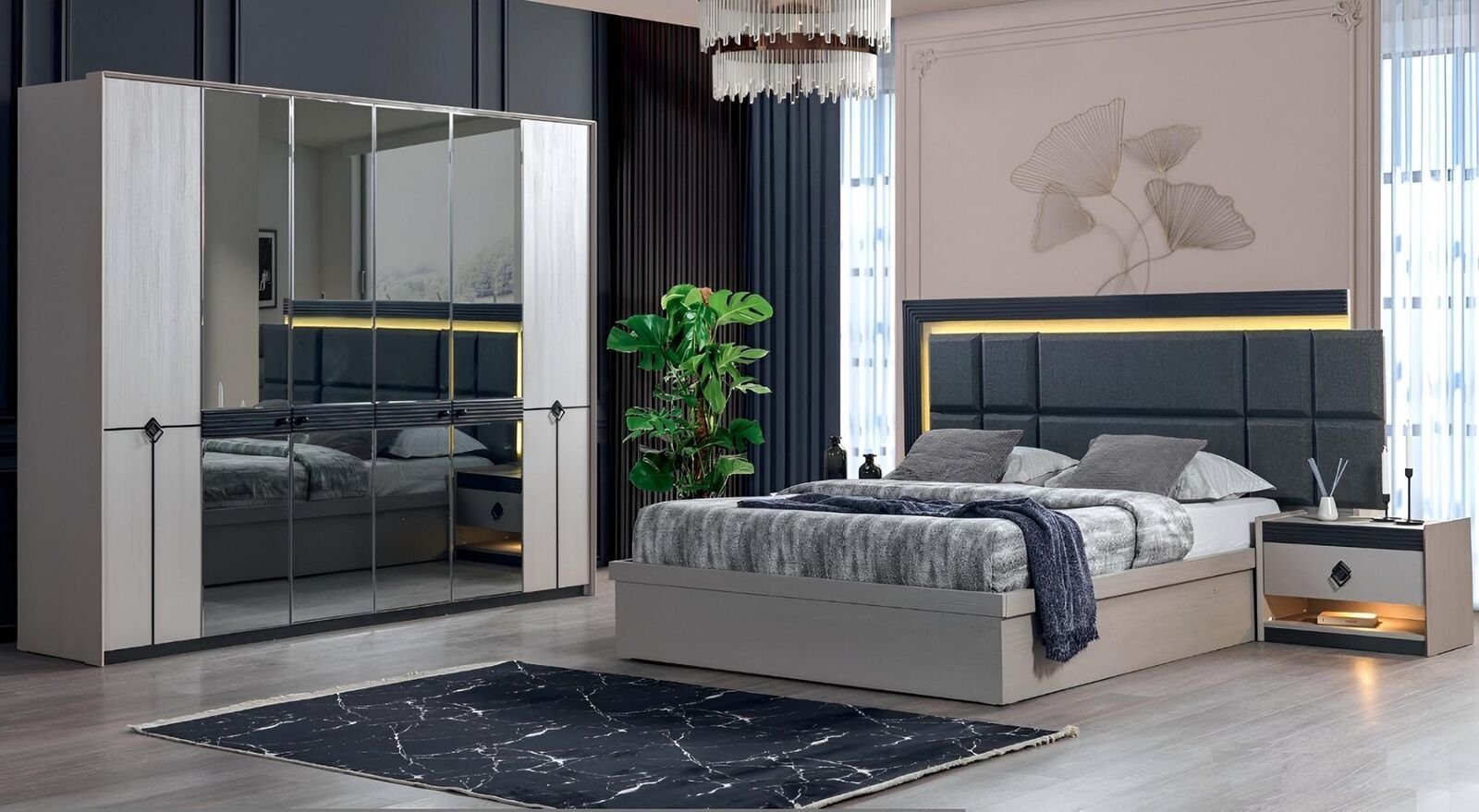 JVmoebel Schlafzimmer-Set Design Schlafzimmer Modern Luxus Komplett Bett Kleiderschrank Neu, (4-St., Bett/2x Nachttische/Kleiderschrank), Made in Europa