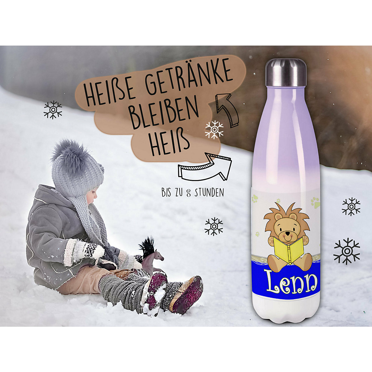 Edelstahl Kinder Thermoflasche / Trinkflasche bunt Leselöwe Farbe blau Spülmaschinenfest, Auslaufsicher, Bruchfest, Doppelwandig, Für Heißgetränke geeignet, Mit Deckel, Isoliert