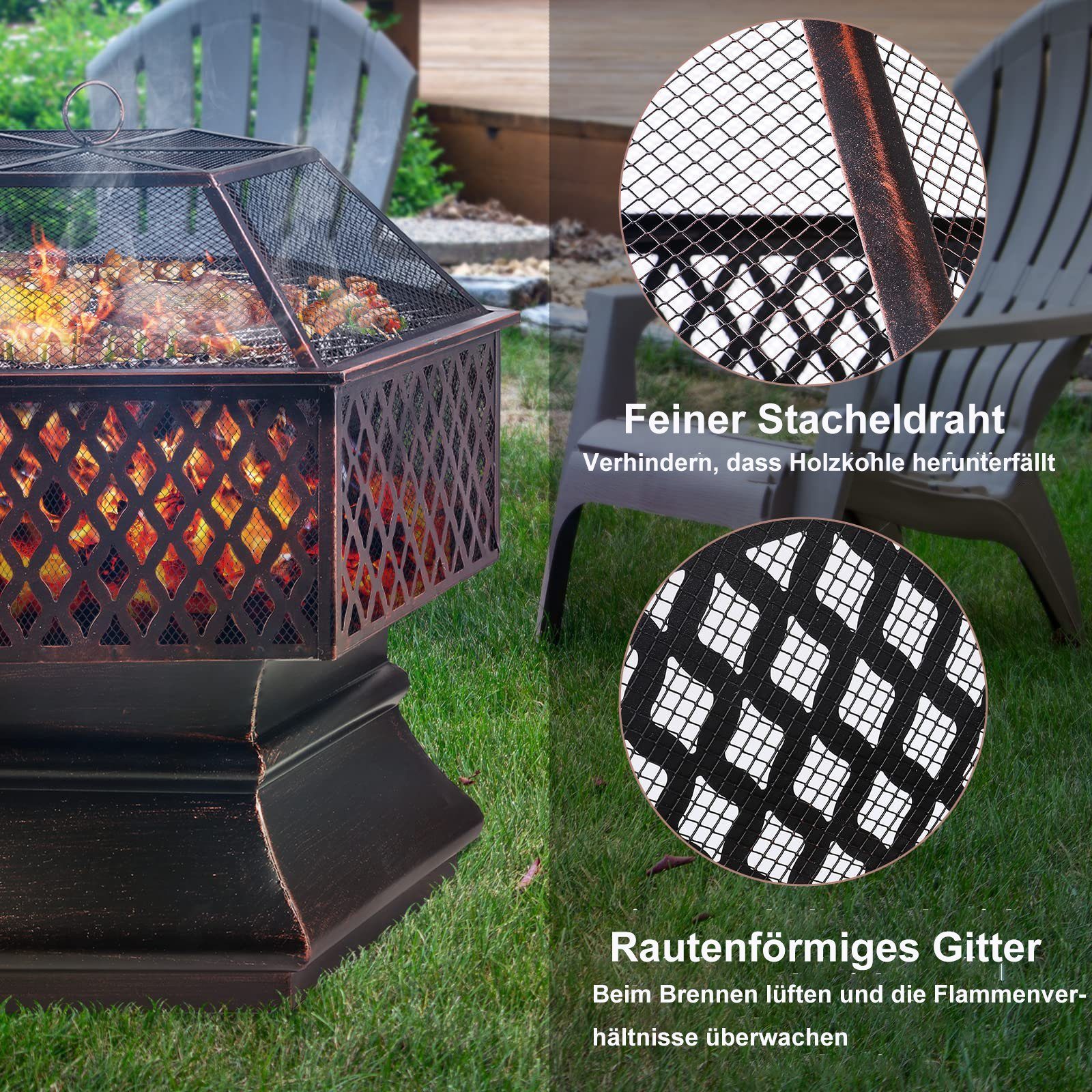 TLGREEN Feuerschale, Sechseckige Feuerstelle mit Grillrost, Feuerschalen für den Garten