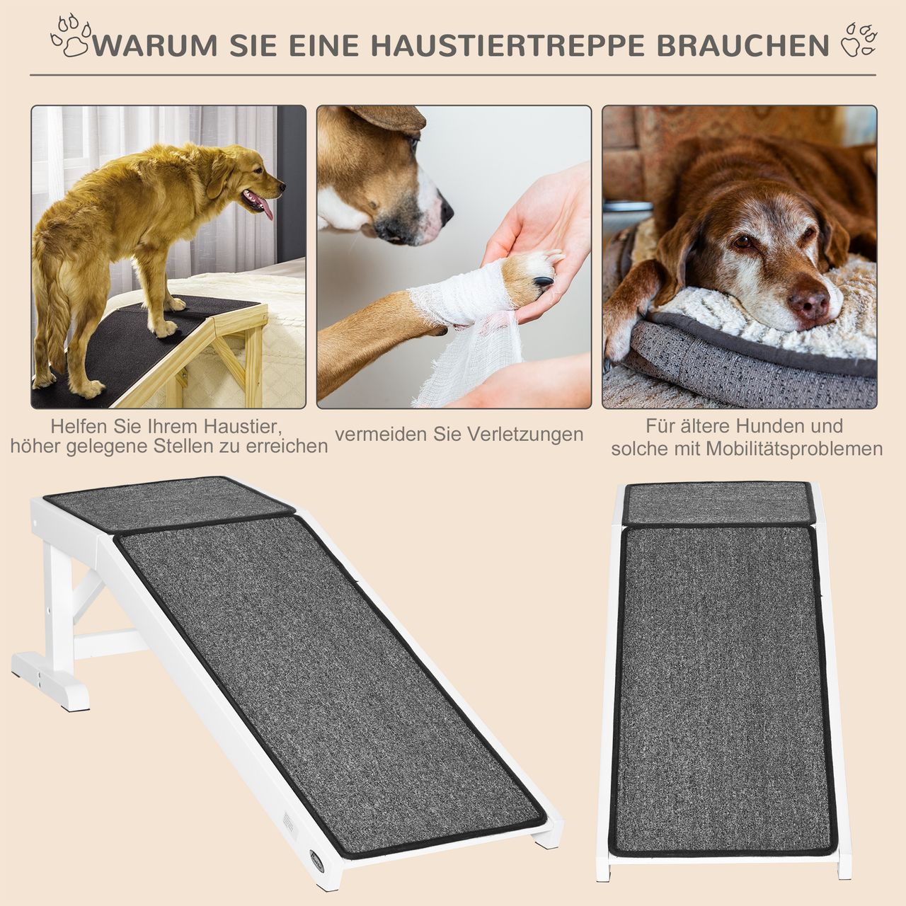PawHut Haustierrampe mit rutschfestem Teppich Haustierleiter Hunderampe für Hund bis 30 kg Kiefernholz Polyester Weiß Grau 125 x 40 x 35,5 cm