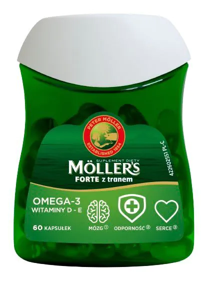 Mollers Forte s uljem jetre bakalara, preparat koji sadrži omega-3 masne kiseline i vitamine E i D, kapsule