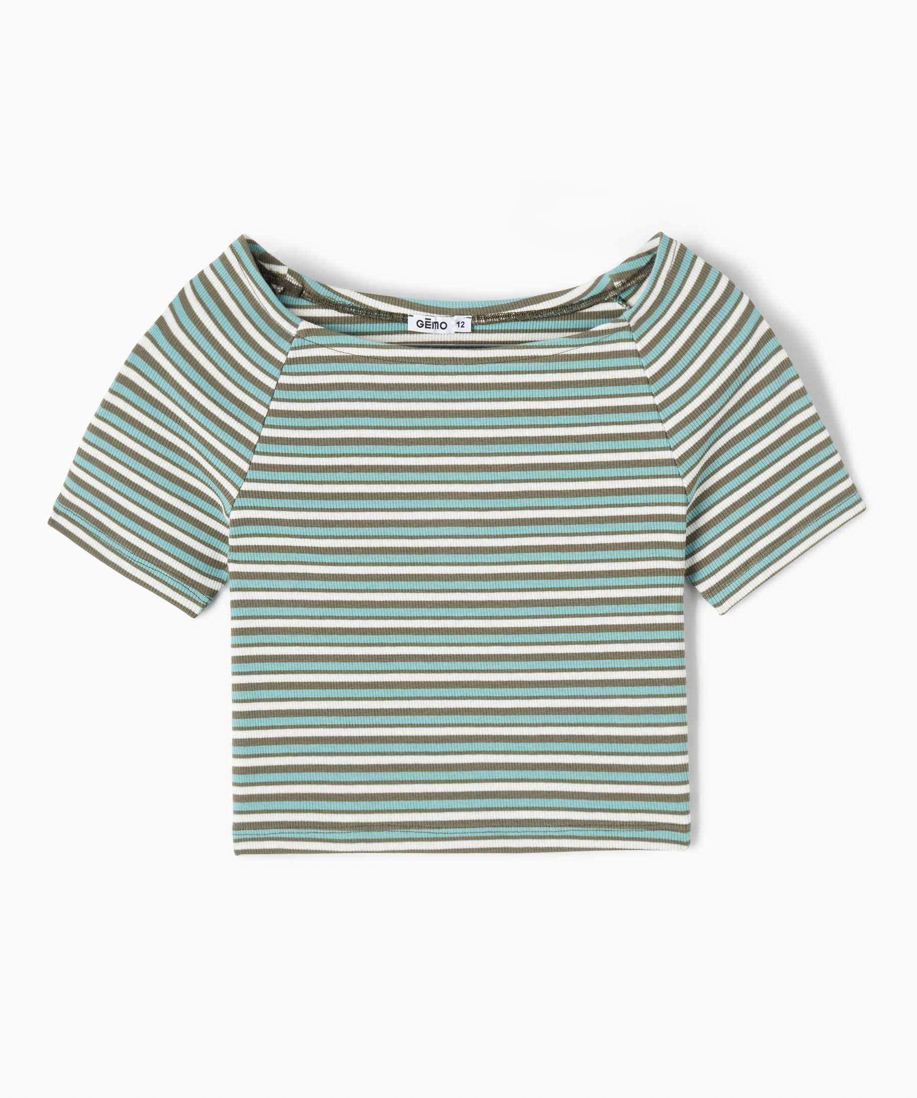 Tee-shirt fille court à col bardot raye | GEMO