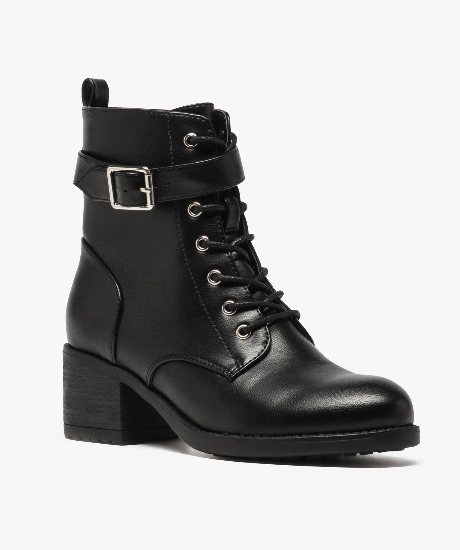 Bottines femme à talon fermeture lacets et bride à boucle noir | GEMO