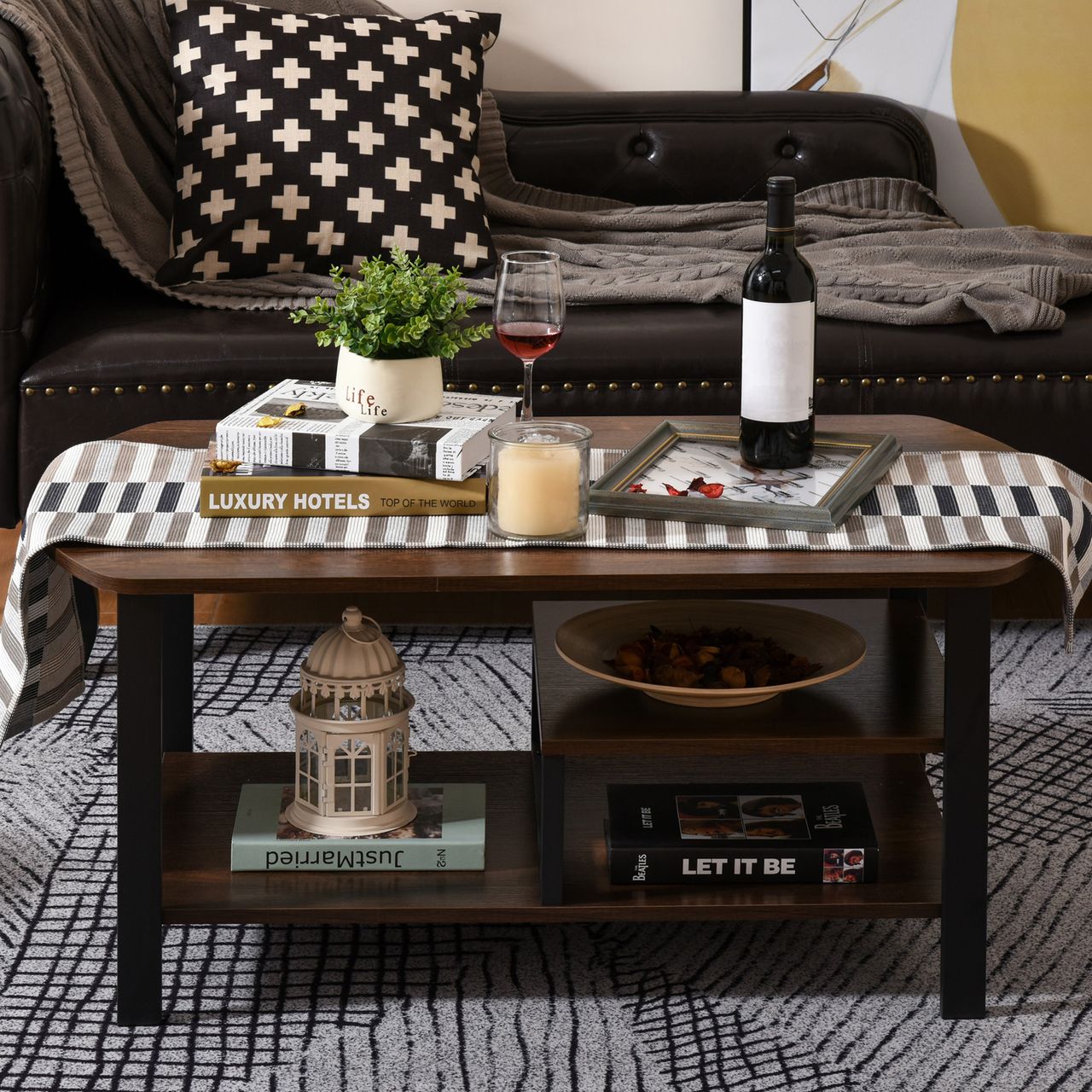HOMCOM Couchtisch, Wohnzimmertisch Kaffeetisch mit Ablageflächen für Büro, Wohnzimmer, Schlafzimmer, industrieller Stil, E1 Spanplatte, Stahl, Braun, 100L x 60B x 46H cm