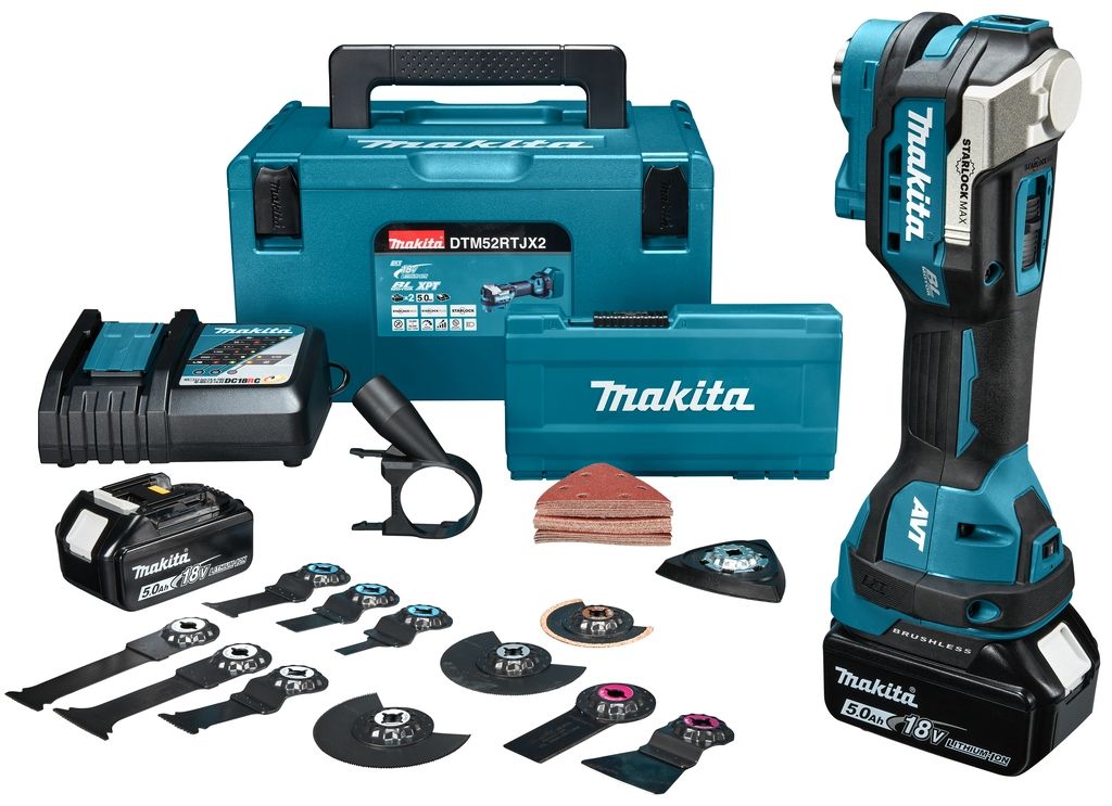 Unealtă multifuncțională Makita DTM52RTJX2 Starlock Max 18V 2x5.0 AH Li-ion + set accesorii în Mbox