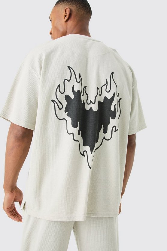 Loungewear T-Shirt und Jogginghose mit Herz-Print in Waffeloptik