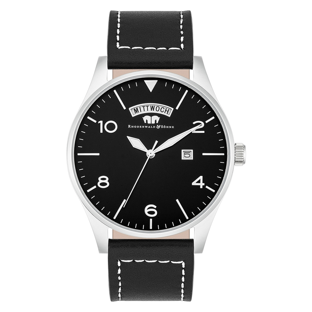 Rhodenwald & Söhne Montre à quartz Vintage en Argent Cuir véritable en Noir Montre